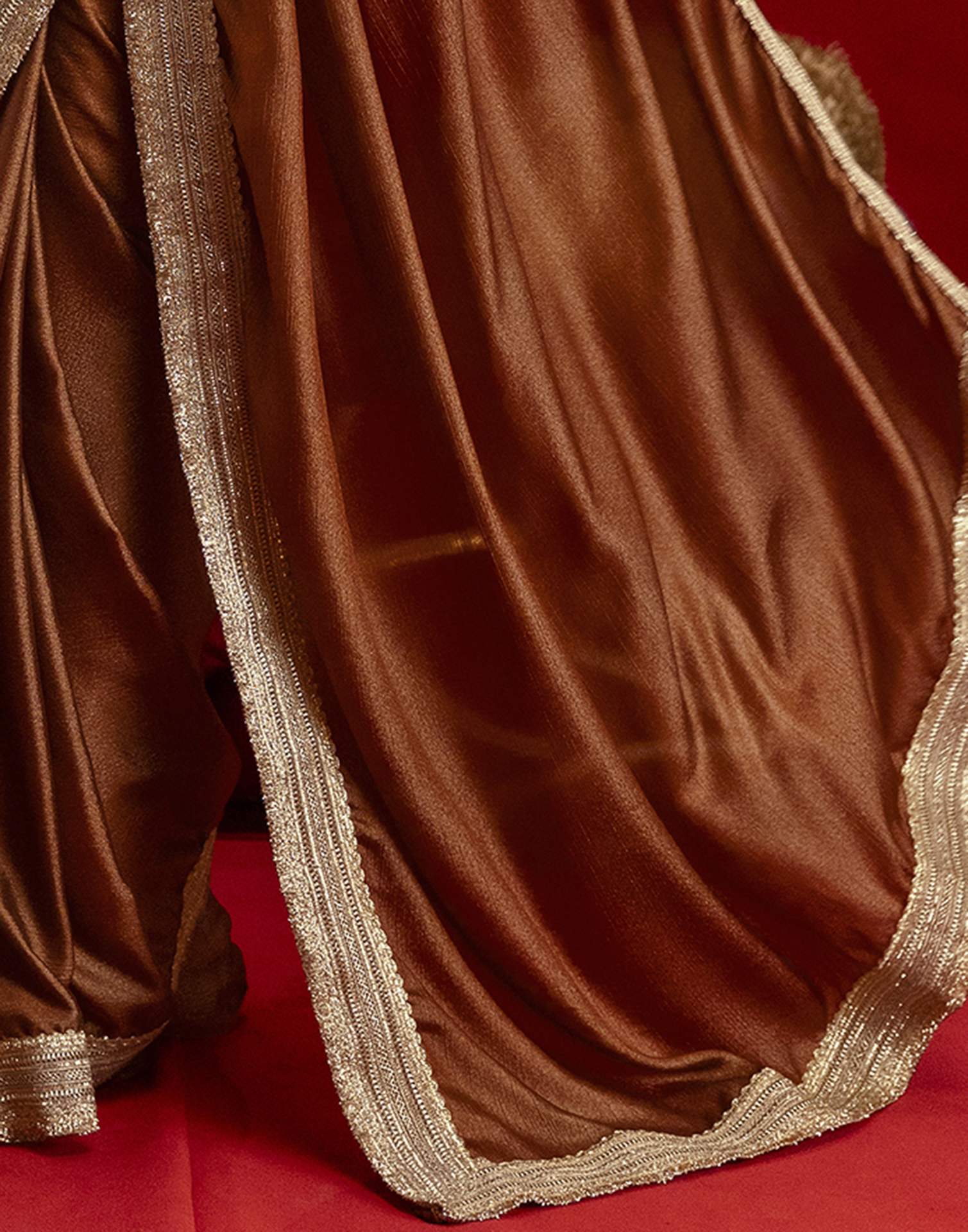 Brown Chinnon Silk Gota Lace Saree - Image 8