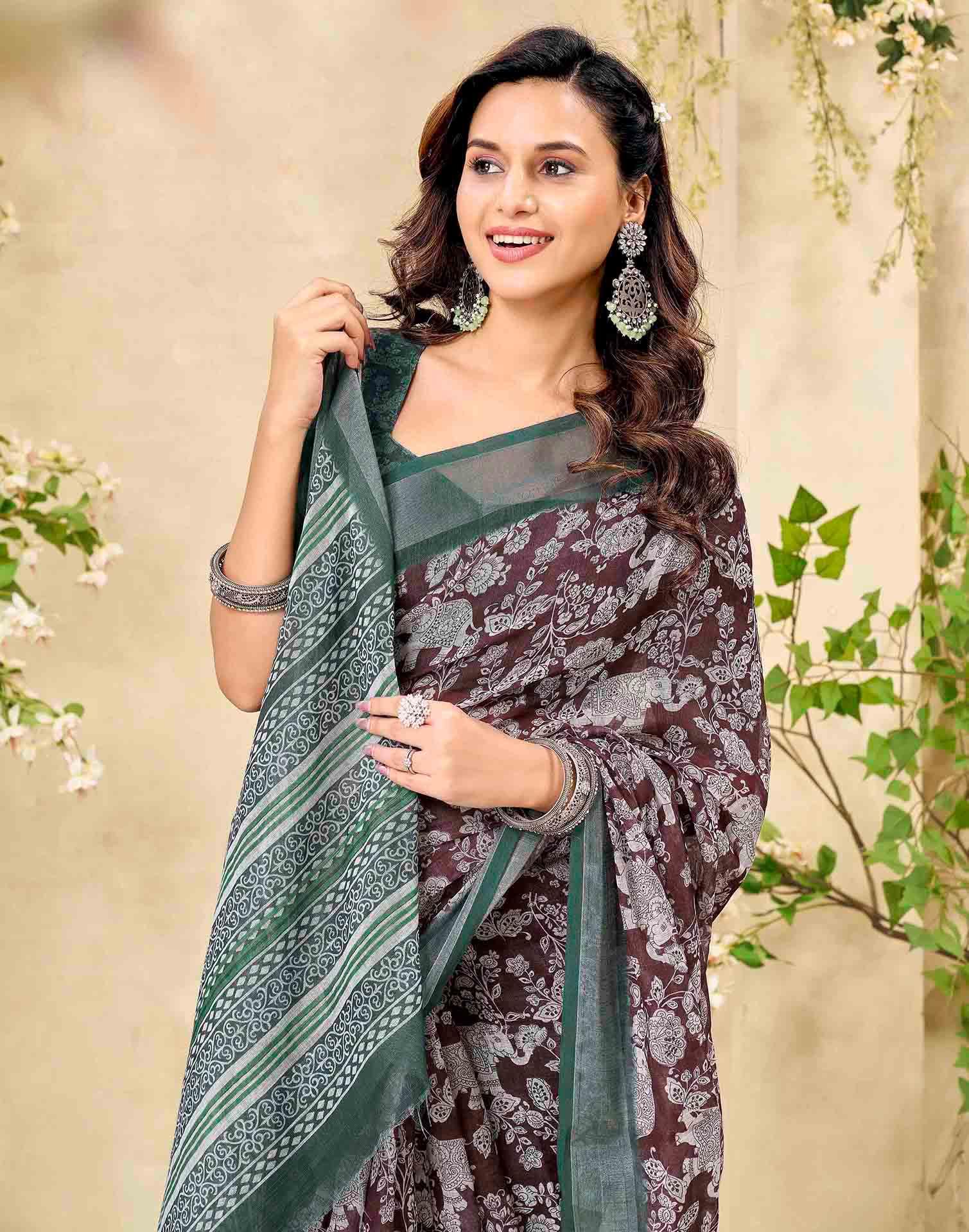 Brown Cotton Floral Printed Saree - Image 2