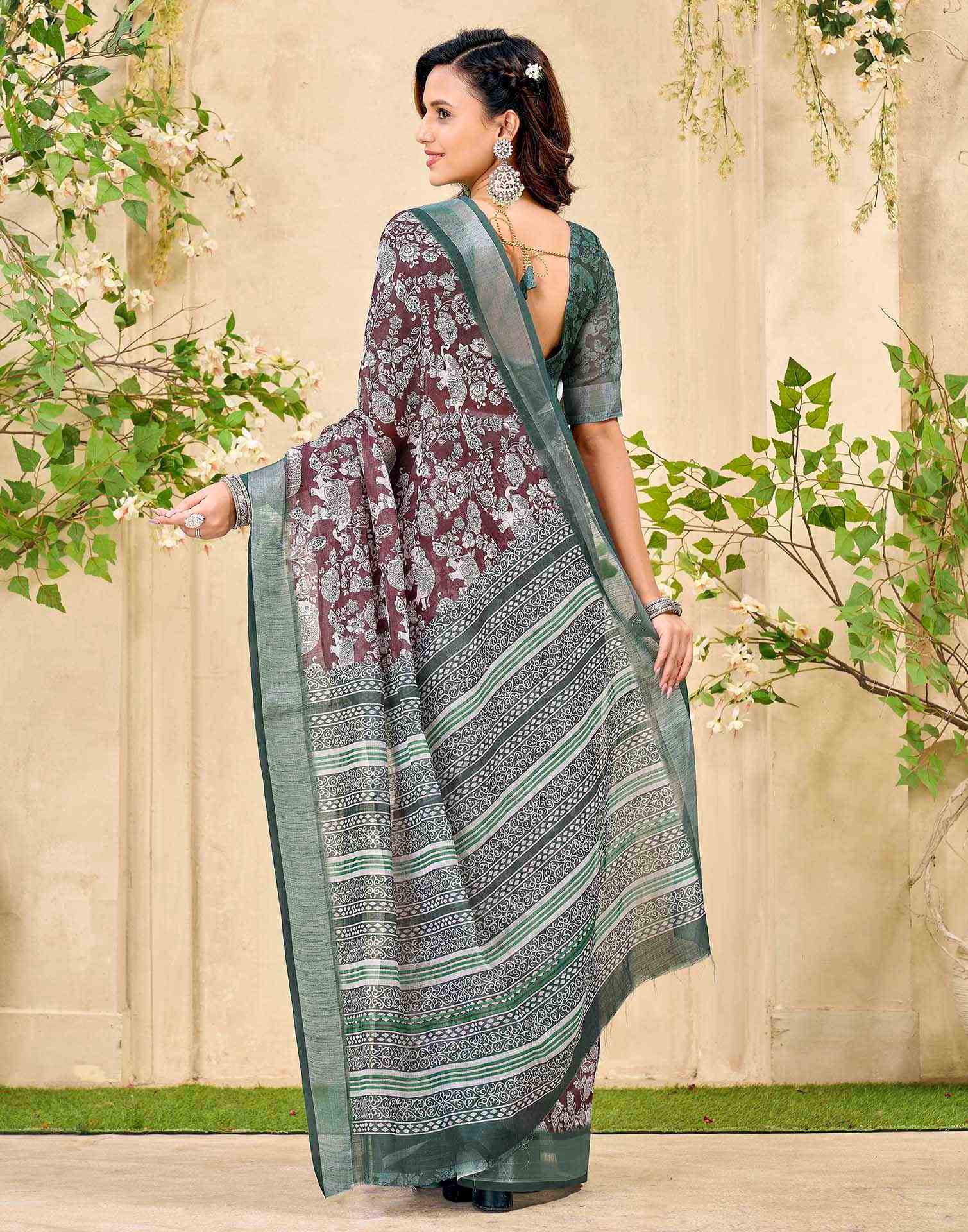 Brown Cotton Floral Printed Saree - Image 6