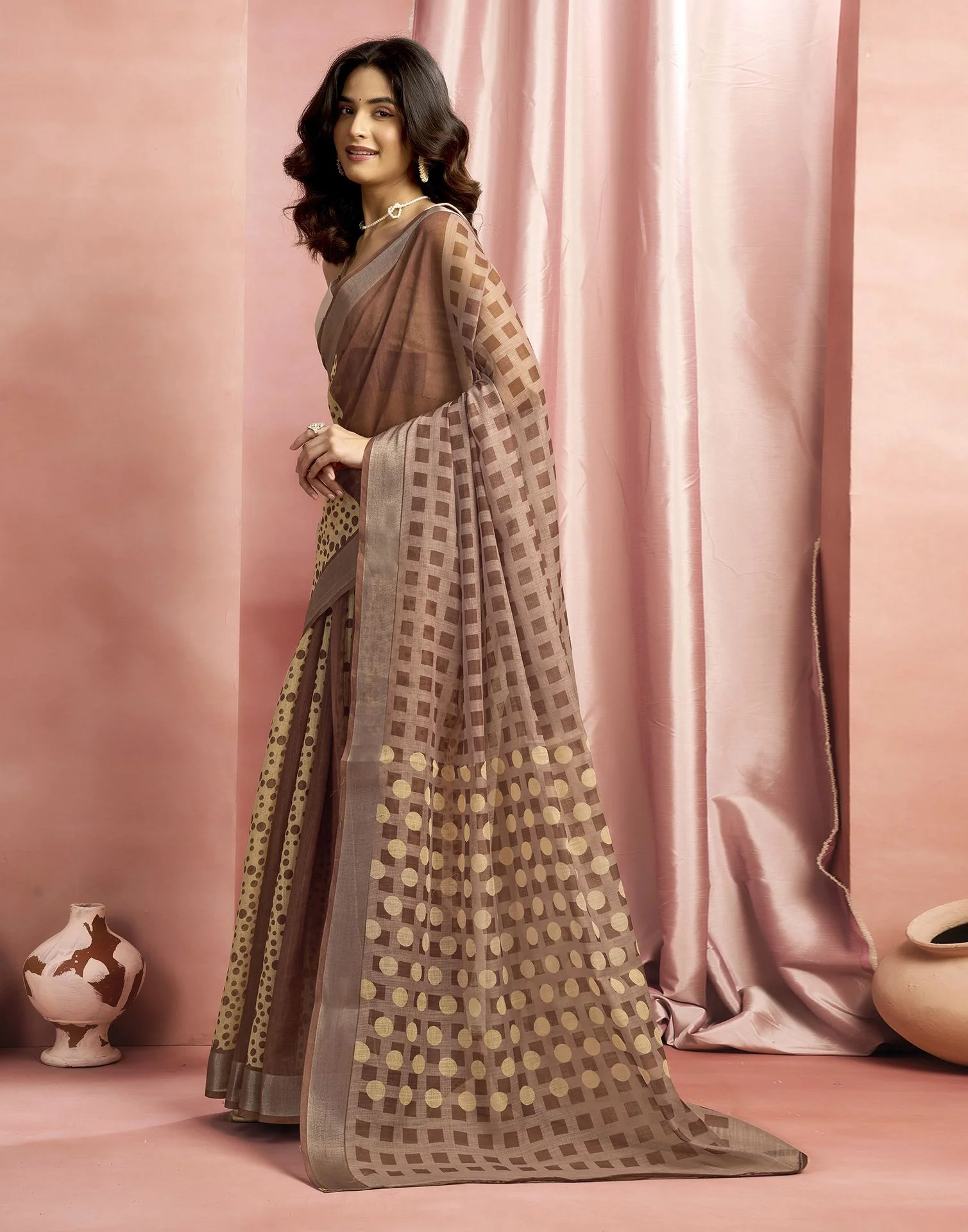 Brown Cotton Linen Printed Saree - Image 5