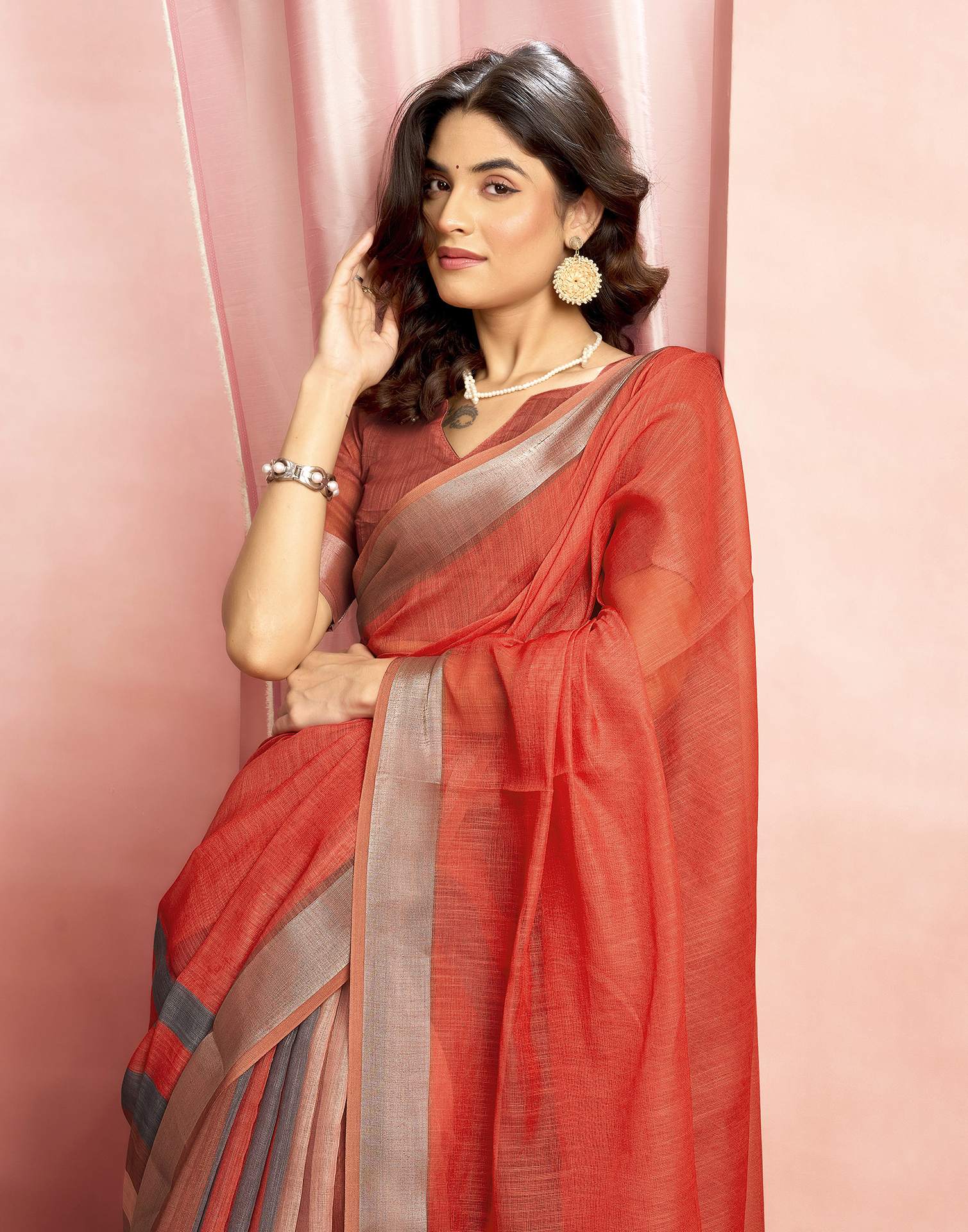 Brown Cotton Linen Printed Saree - Image 2