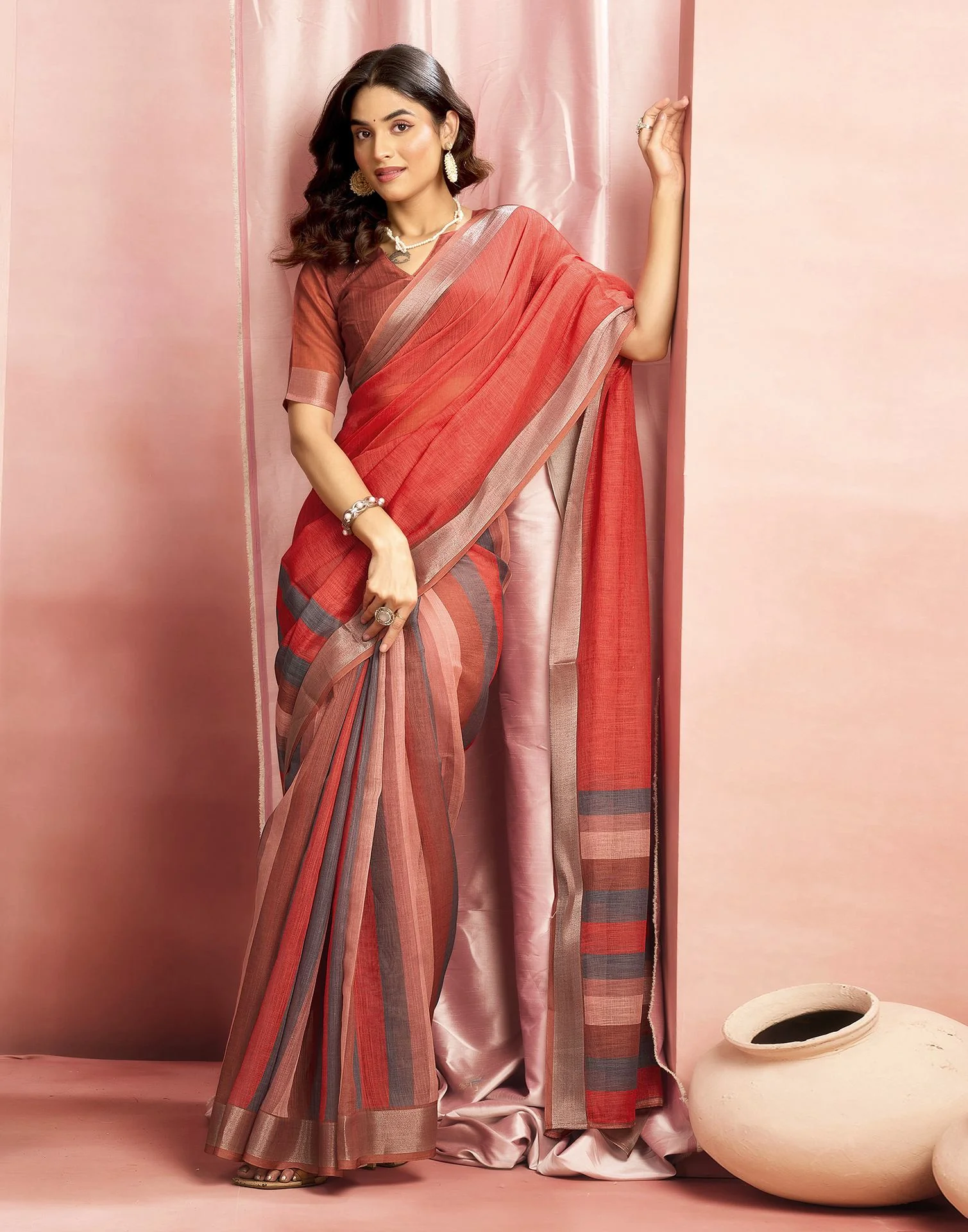 Brown Cotton Linen Printed Saree - Image 5