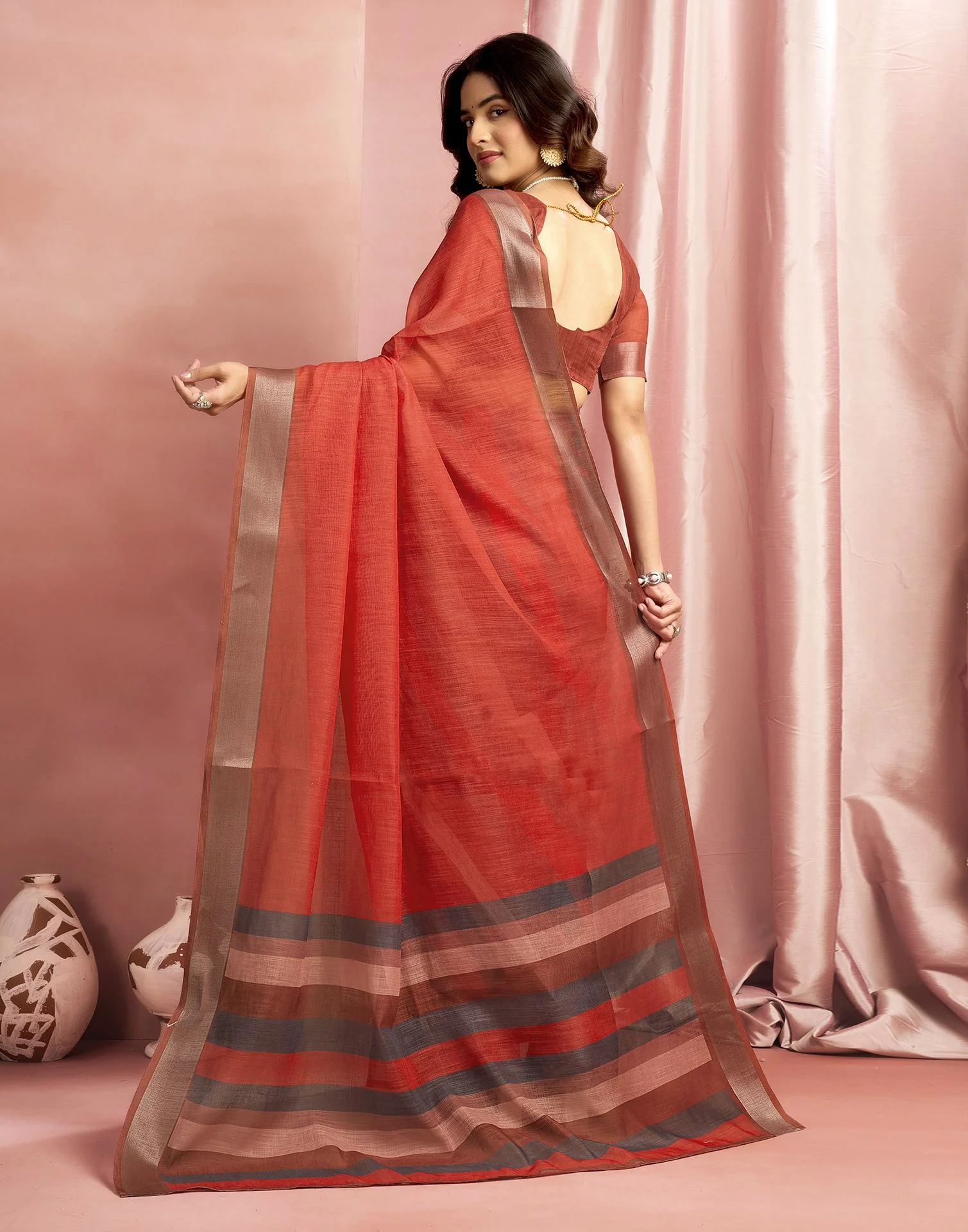Brown Cotton Linen Printed Saree - Image 6