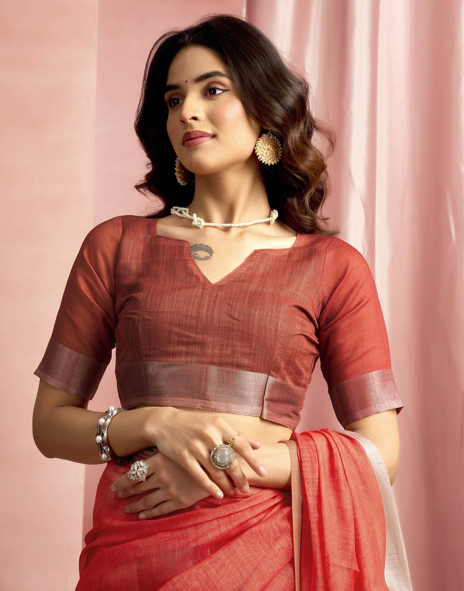 Brown Cotton Linen Printed Saree - Image 8