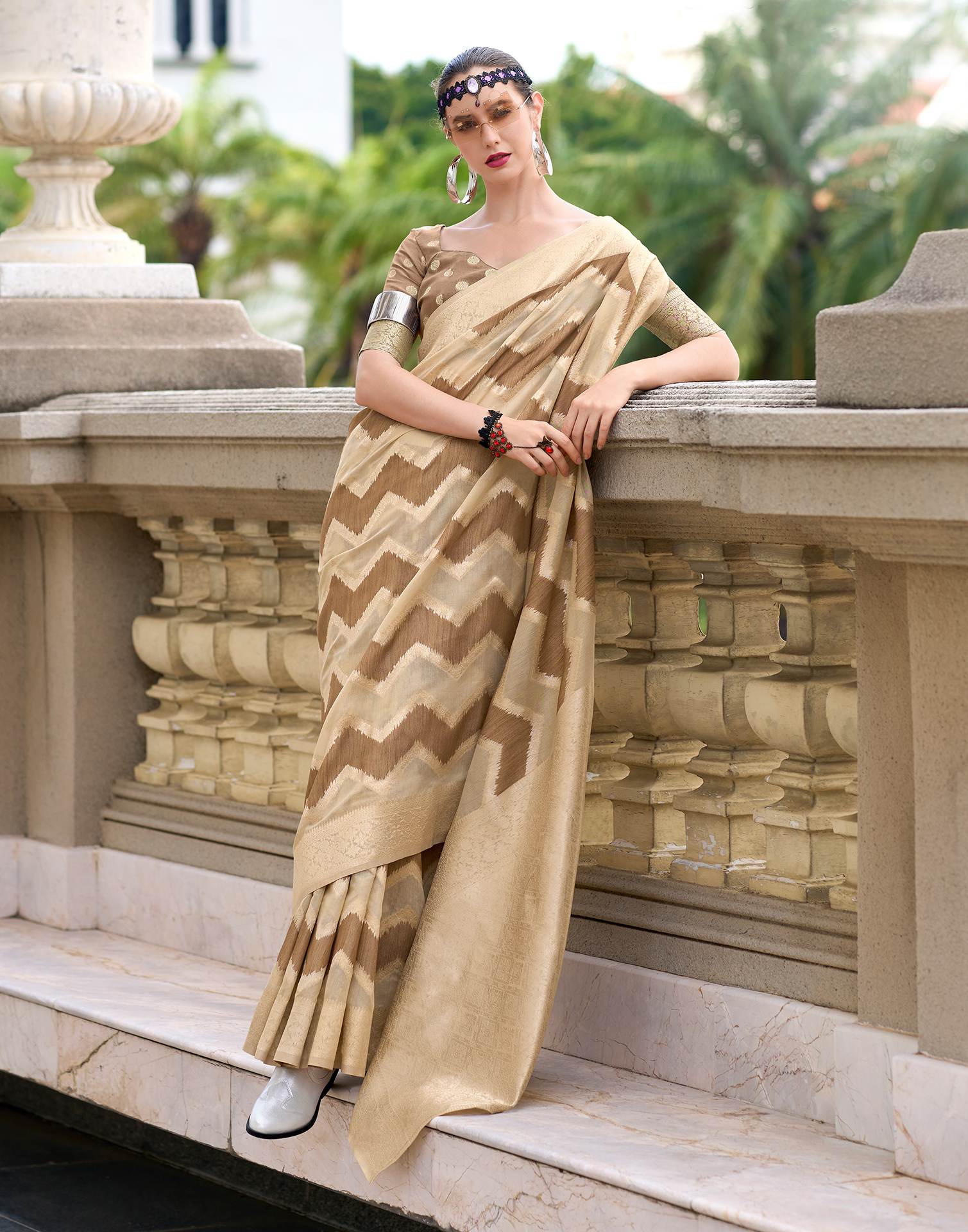 Brown Cotton Linen Woven Saree