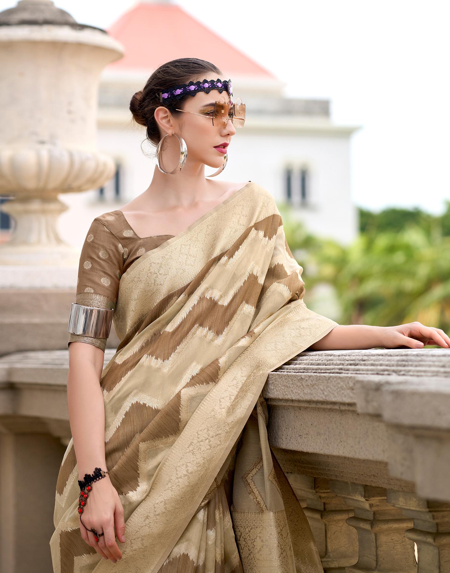 Brown Cotton Linen Woven Saree - Image 2