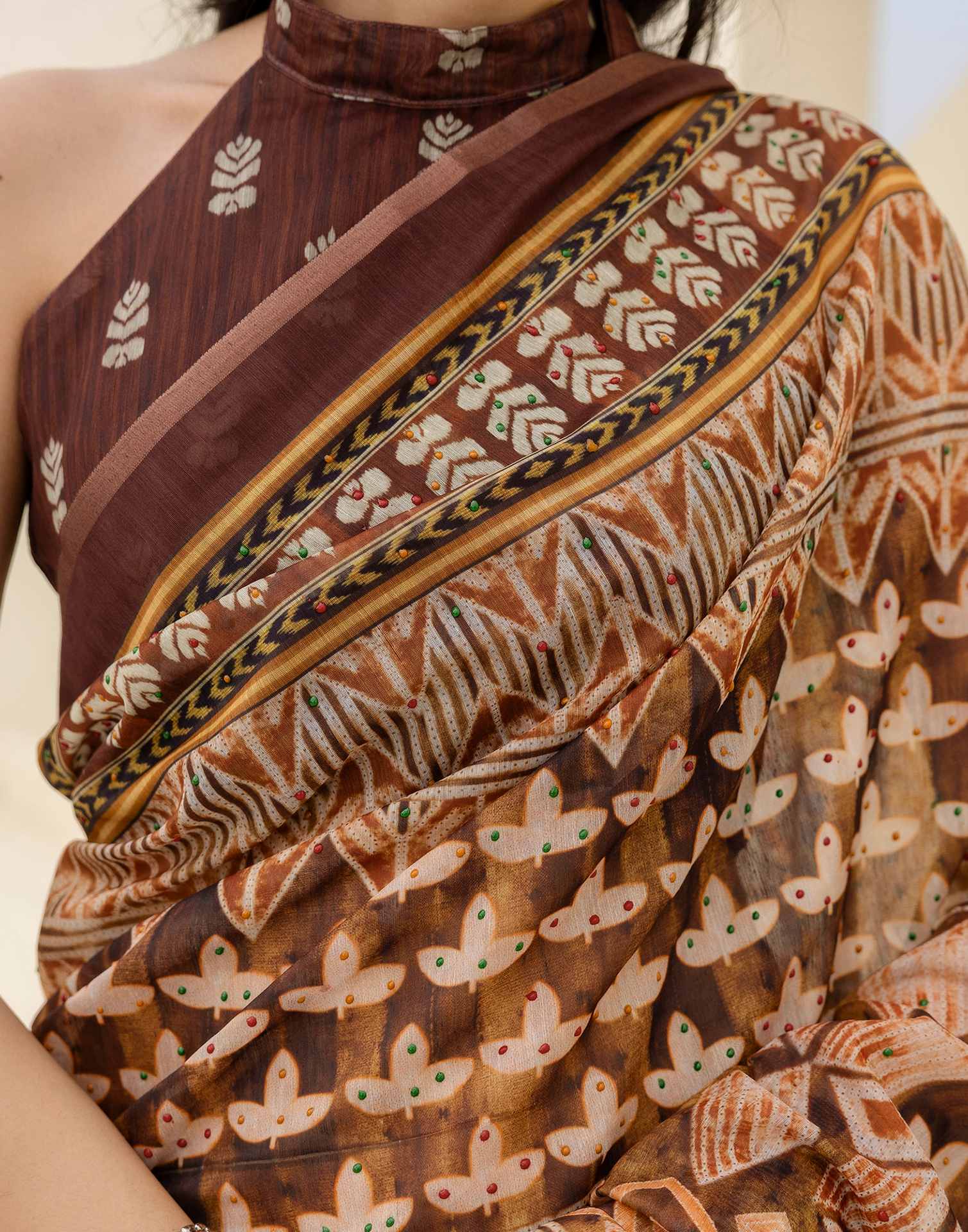 Brown Cotton Printed Saree - Image 11