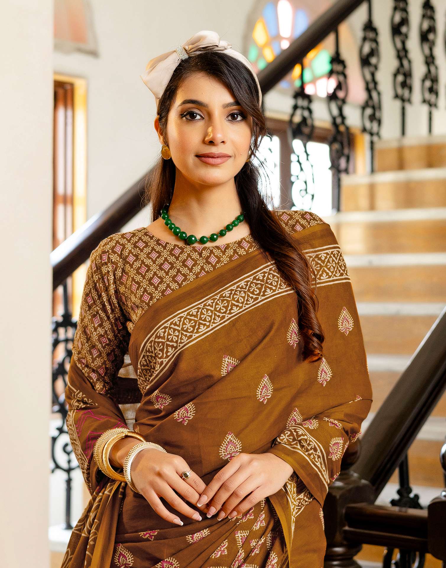 Brown Cotton Printed Saree - Image 2