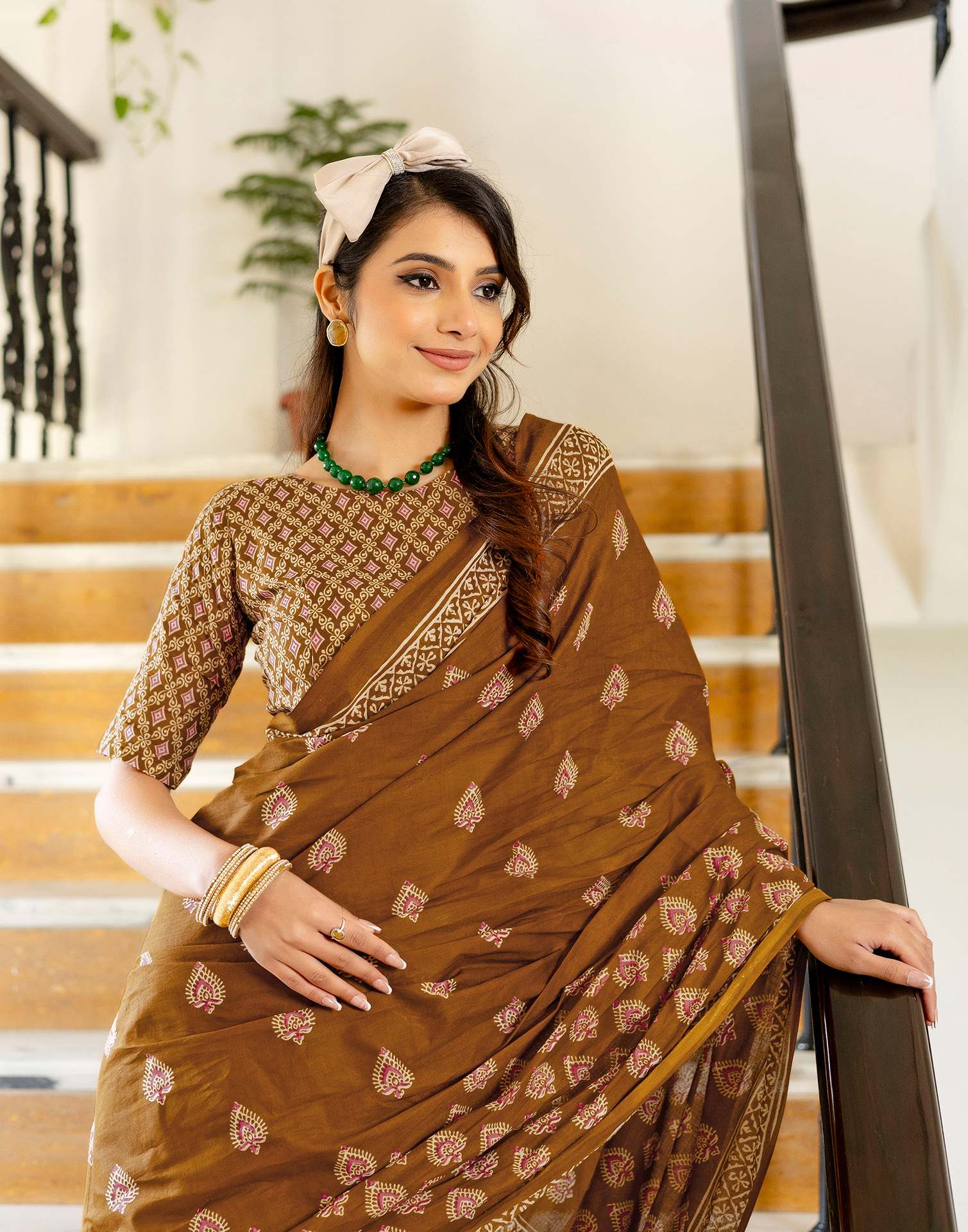 Brown Cotton Printed Saree - Image 4