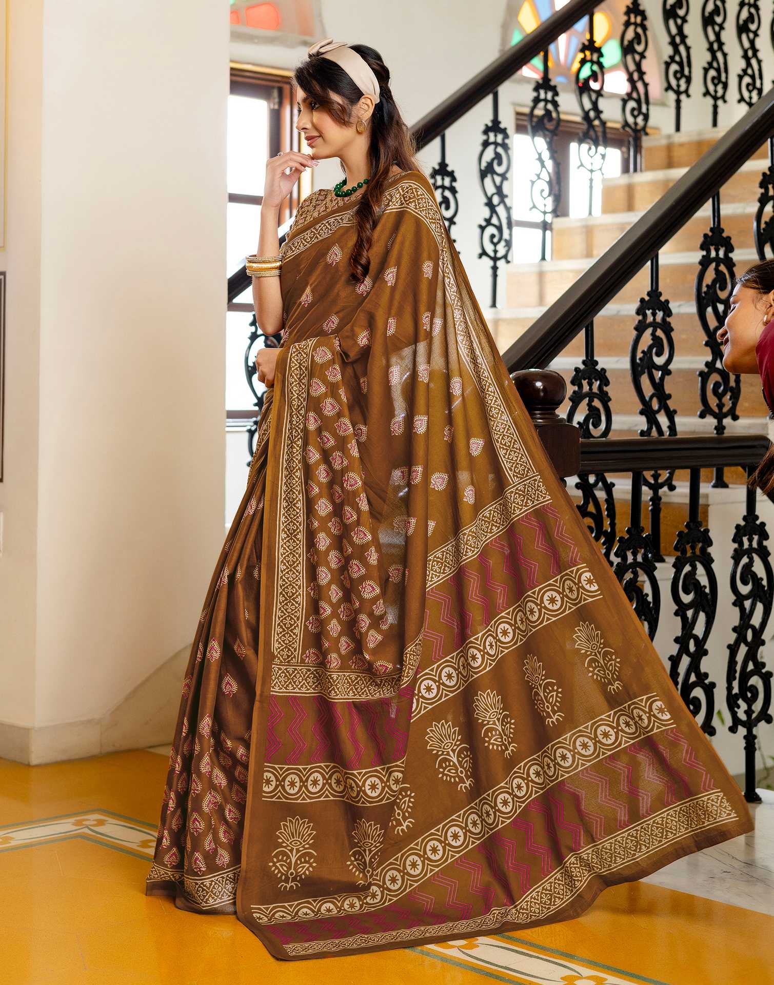 Brown Cotton Printed Saree - Image 5