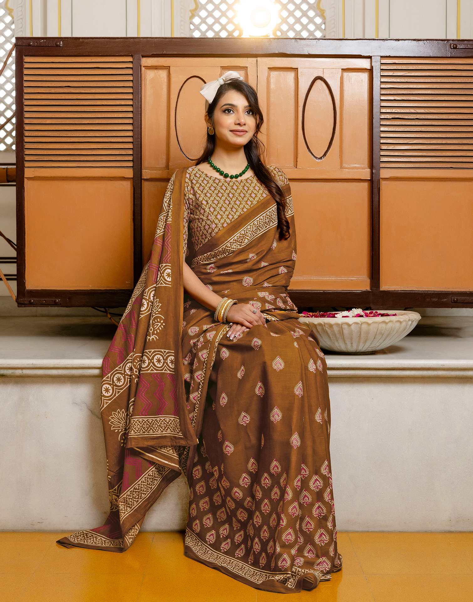 Brown Cotton Printed Saree - Image 9