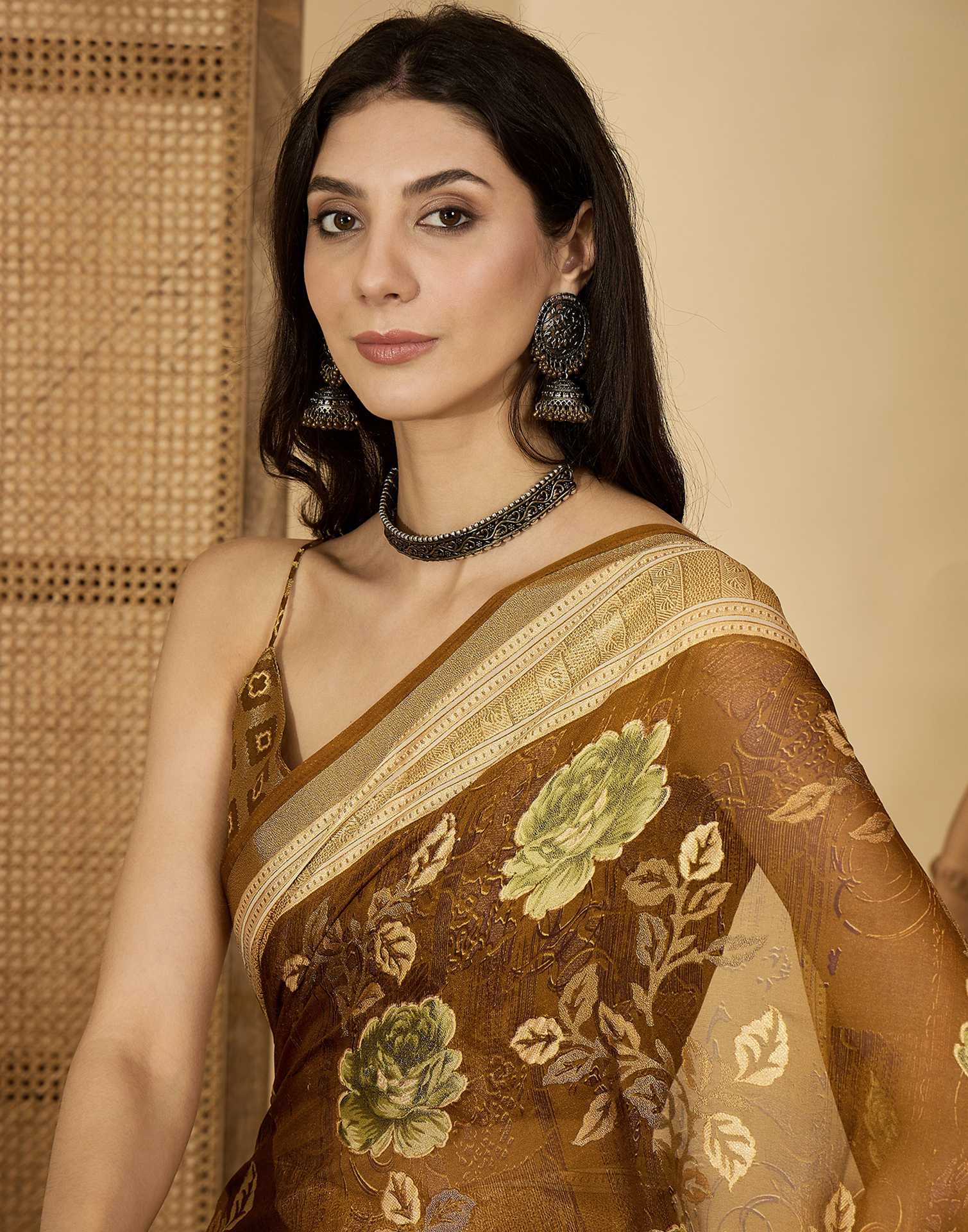 Brown Georgette Floral Printed Saree - Image 2