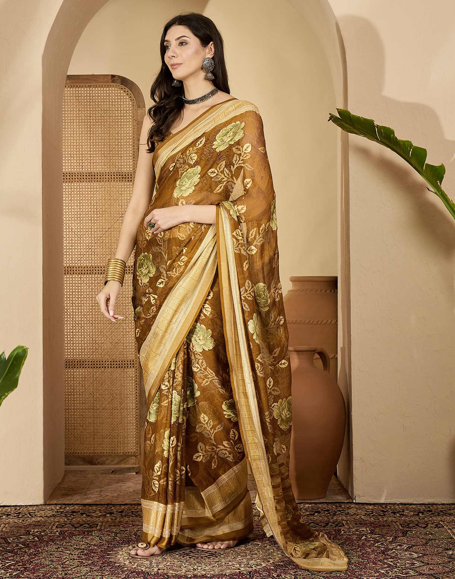 Brown Georgette Floral Printed Saree - Image 4
