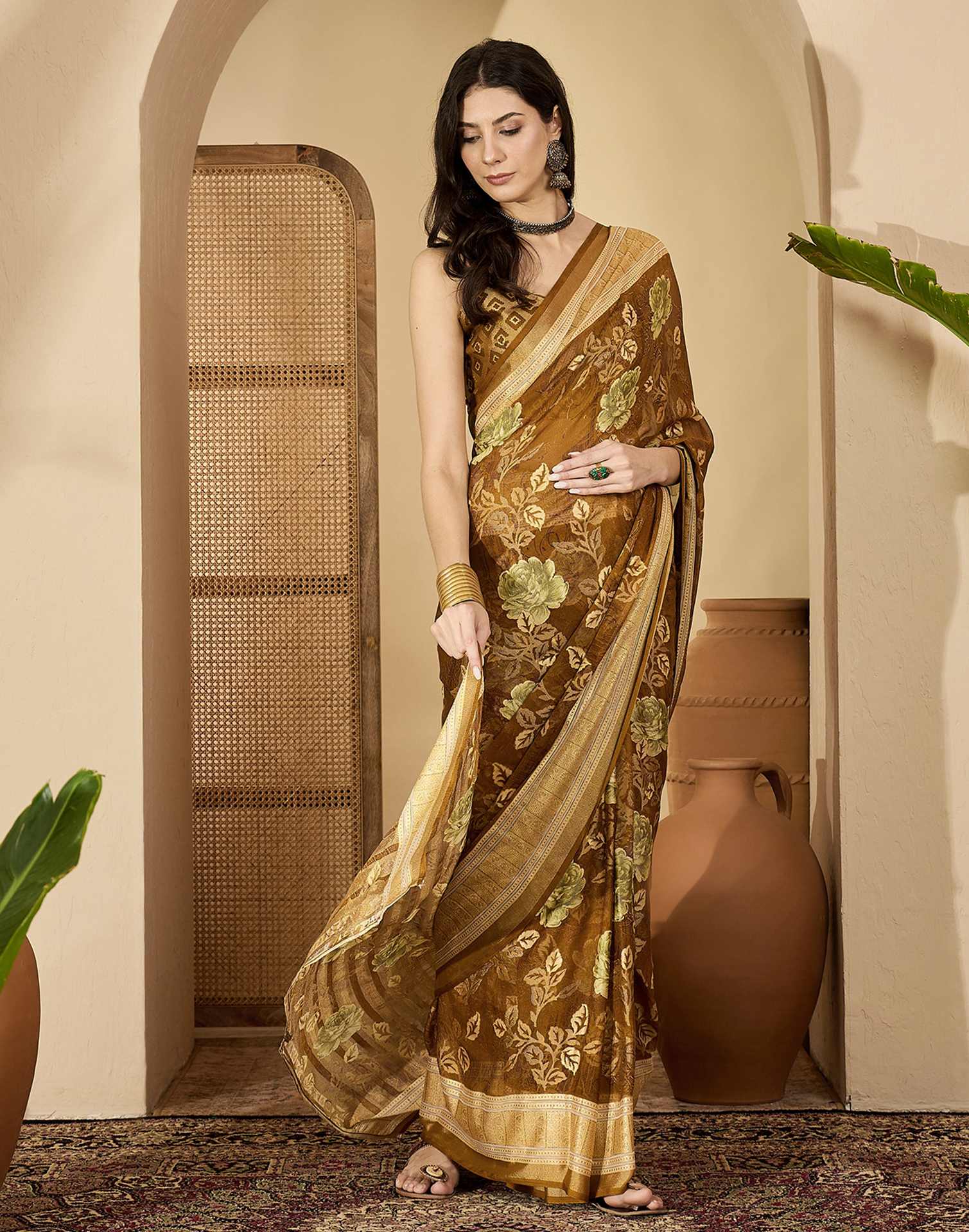 Brown Georgette Floral Printed Saree - Image 5