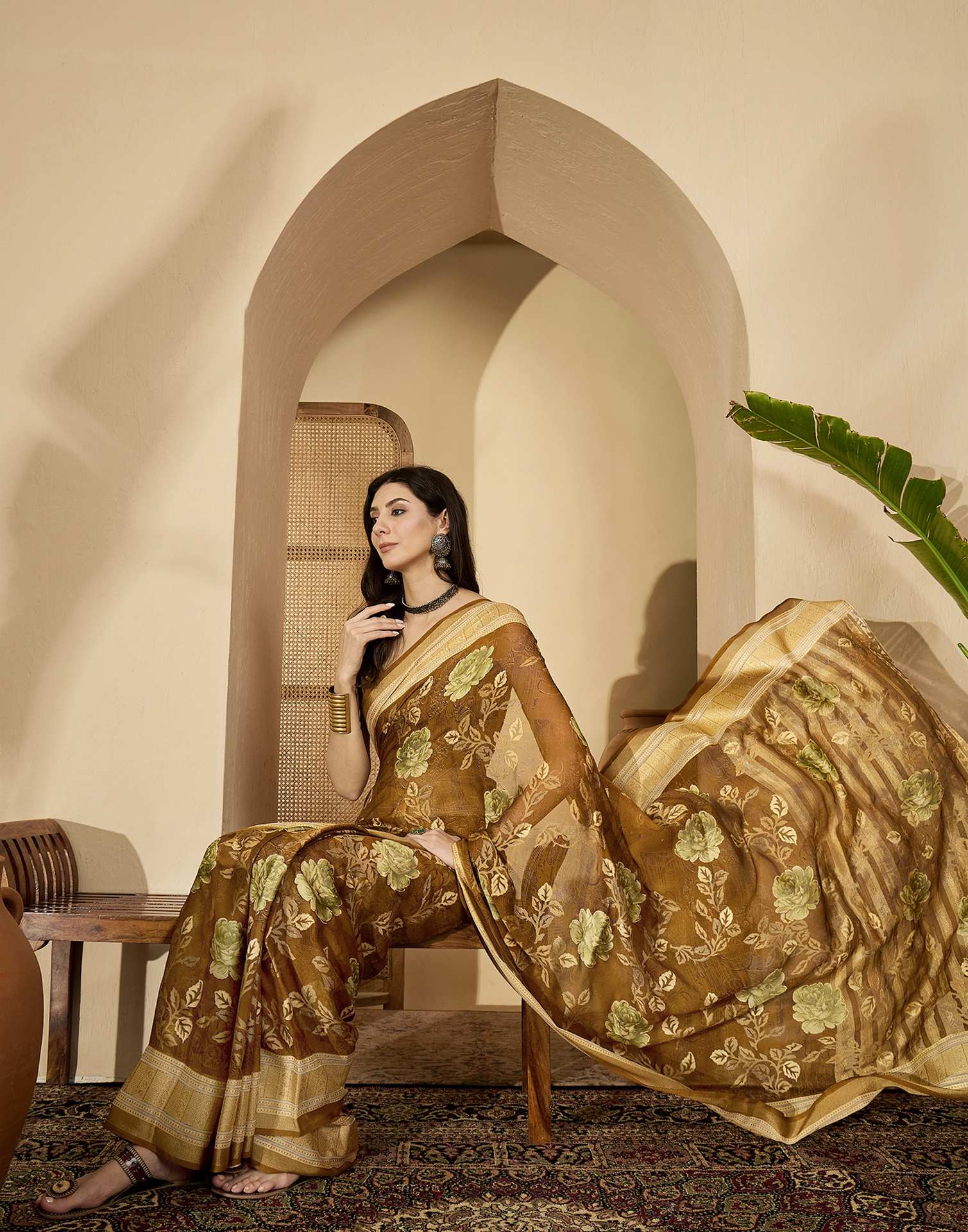 Brown Georgette Floral Printed Saree - Image 7
