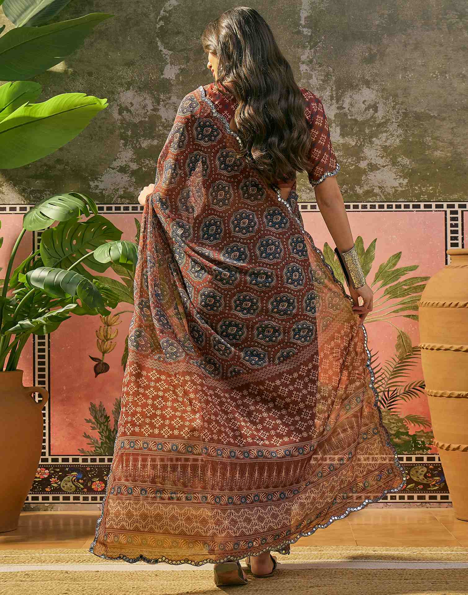 Brown Georgette Printed Mirror Work Saree - Image 7