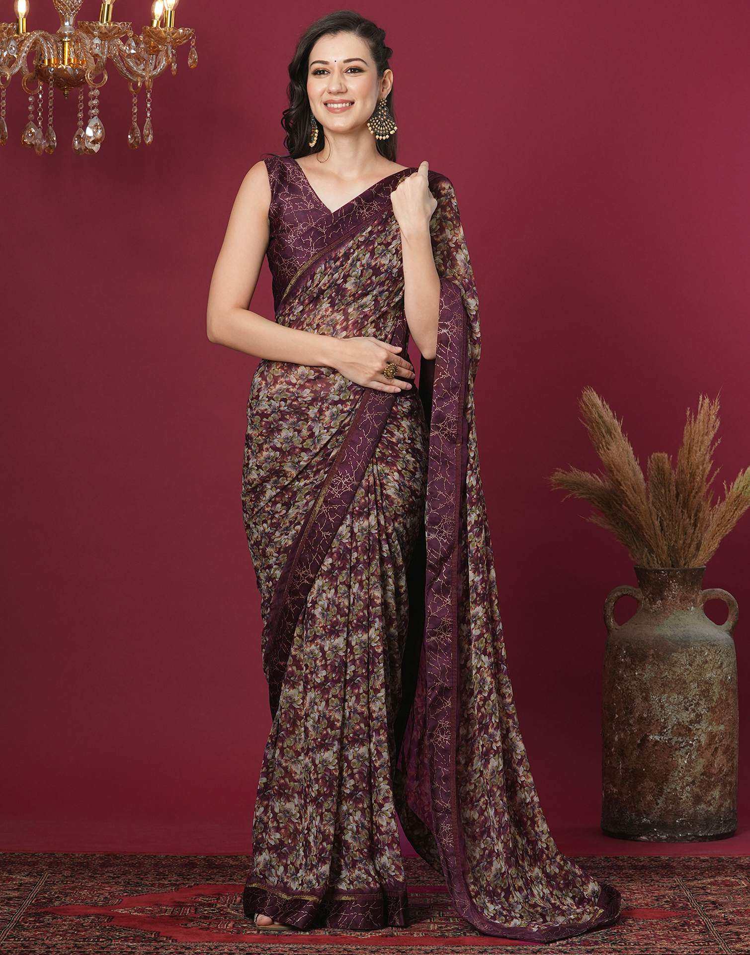 Maroon Georgette Floral Printed Saree - Image 4
