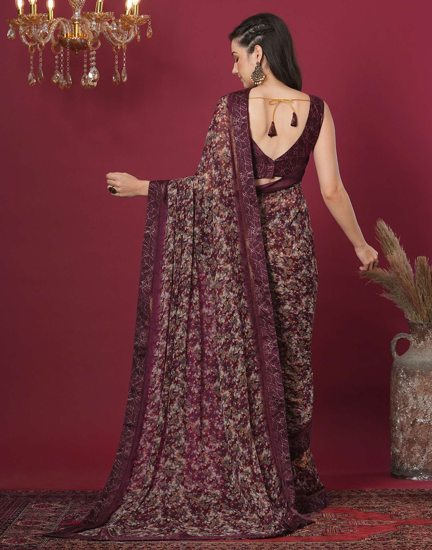 Maroon Georgette Floral Printed Saree - Image 5