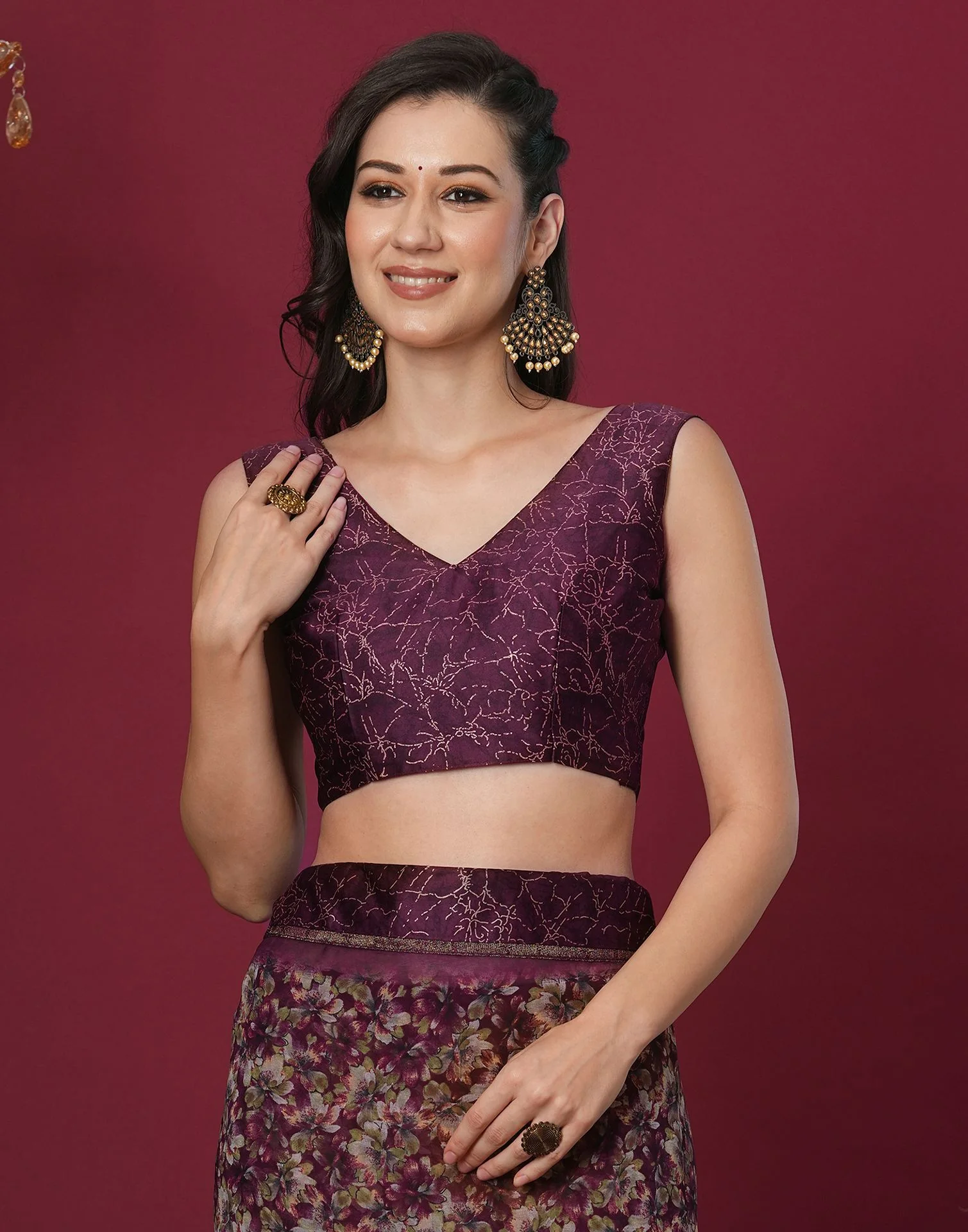 Maroon Georgette Floral Printed Saree - Image 6