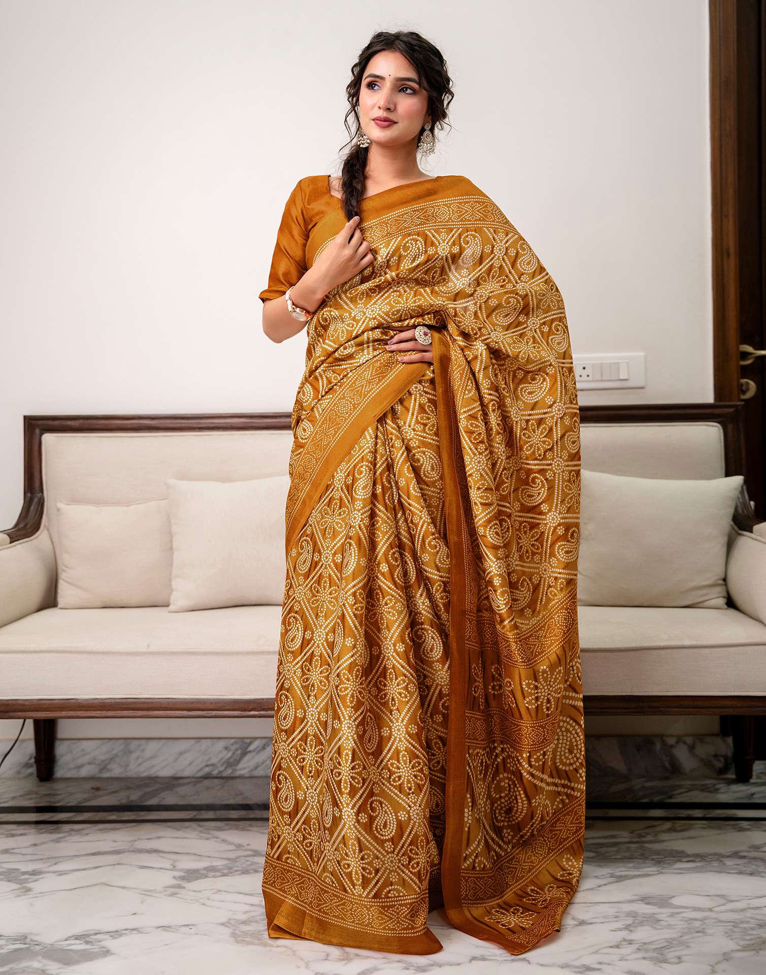 Brown Khadi Bandhani Printed SareeĀ - Image 2
