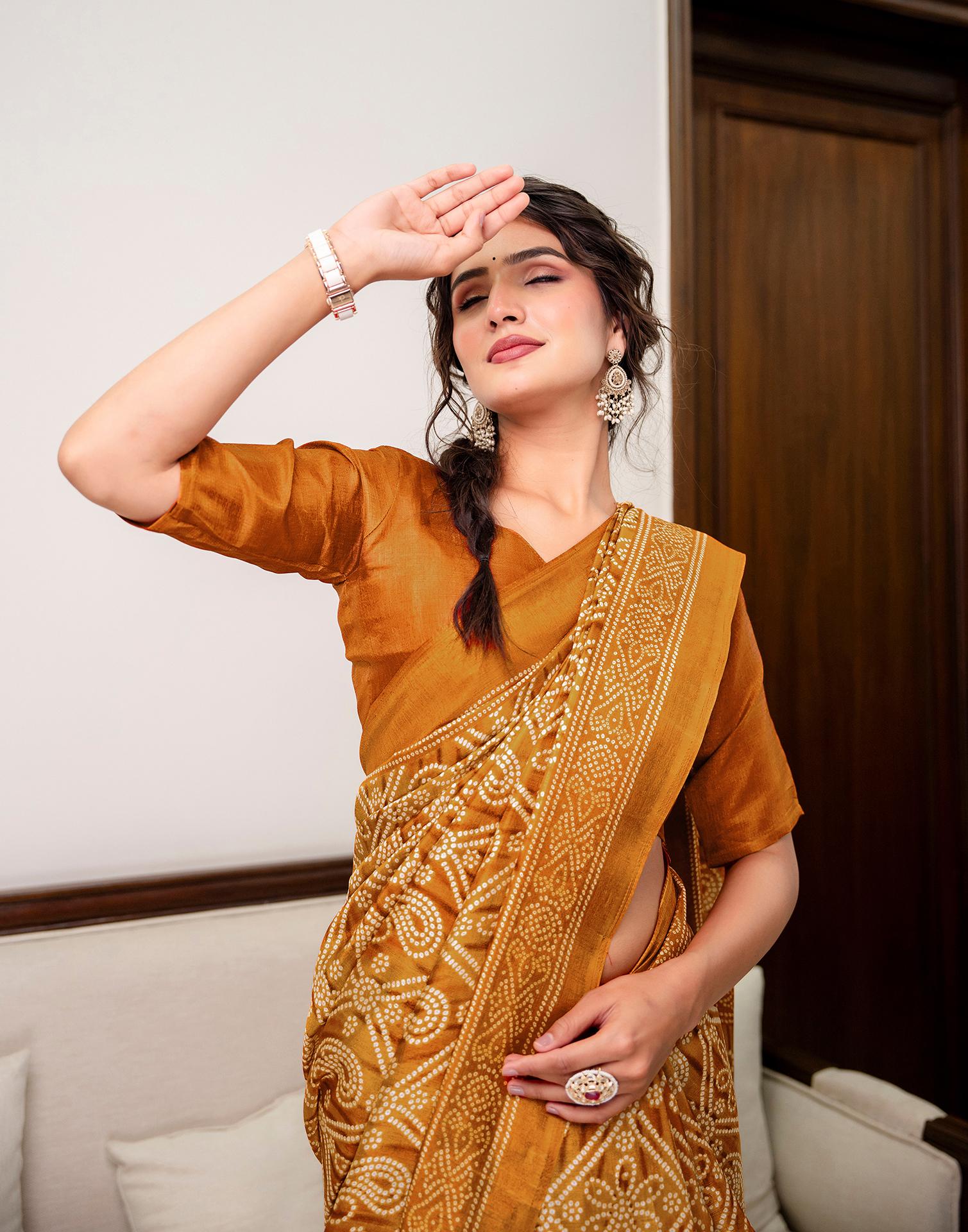 Brown Khadi Bandhani Printed SareeĀ - Image 3