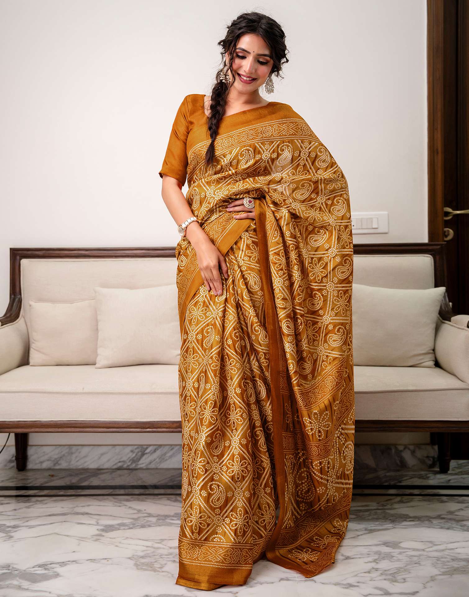 Brown Khadi Bandhani Printed SareeĀ - Image 6
