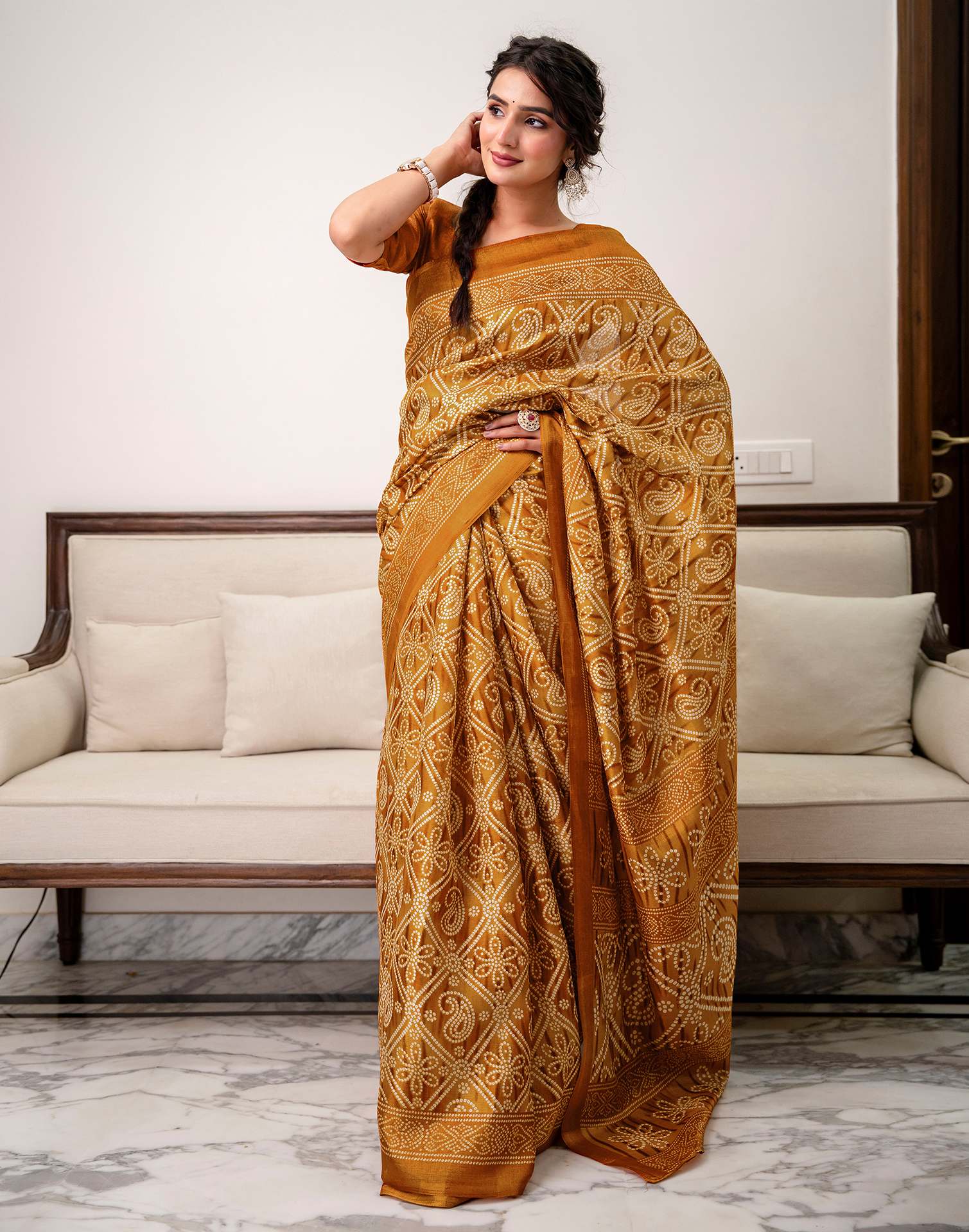 Brown Khadi Bandhani Printed SareeĀ - Image 8