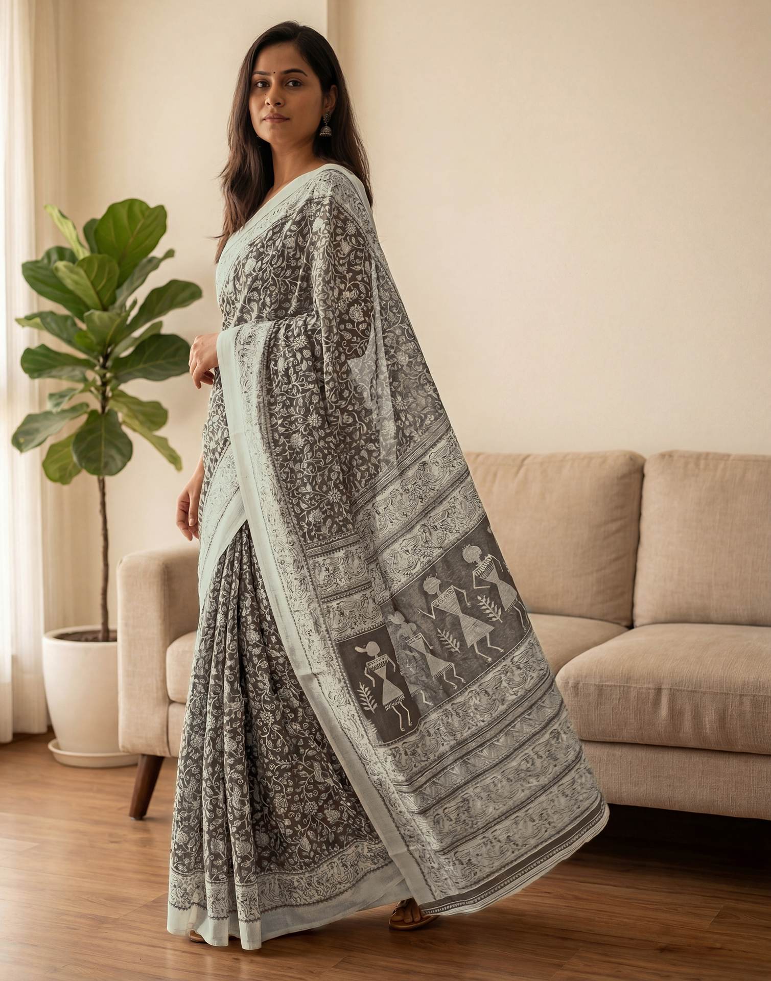 Brown Kota Silk Printed Saree - Image 4