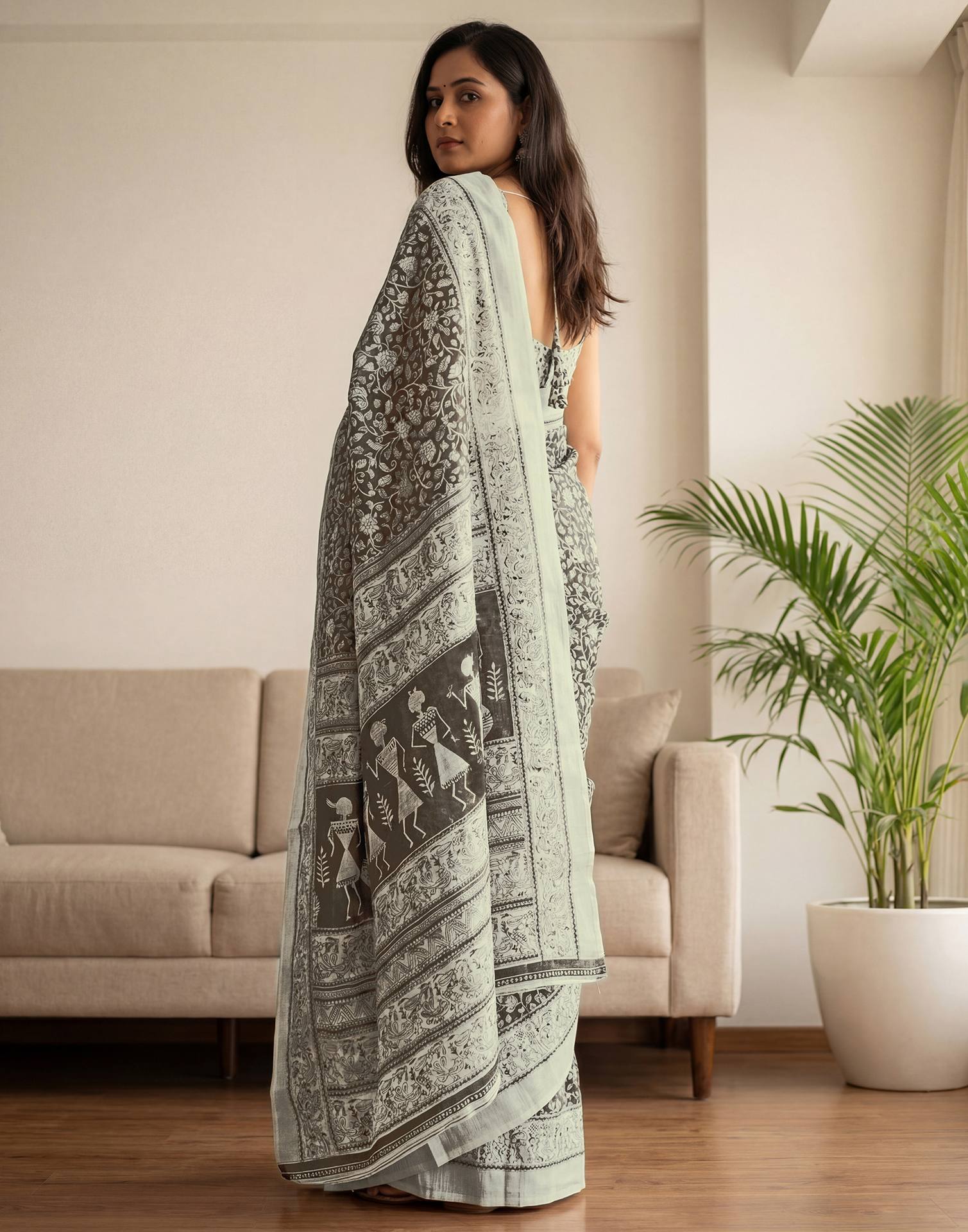 Brown Kota Silk Printed Saree - Image 5