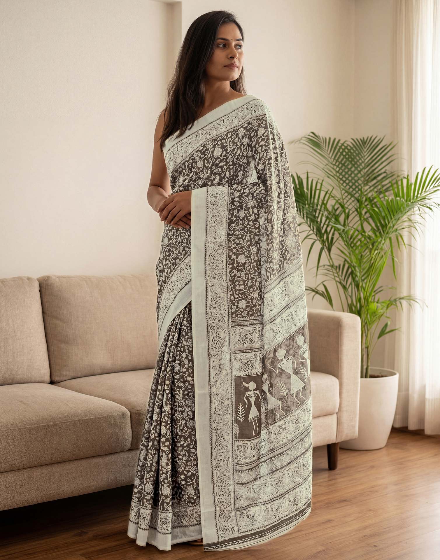 Brown Kota Silk Printed Saree - Image 6