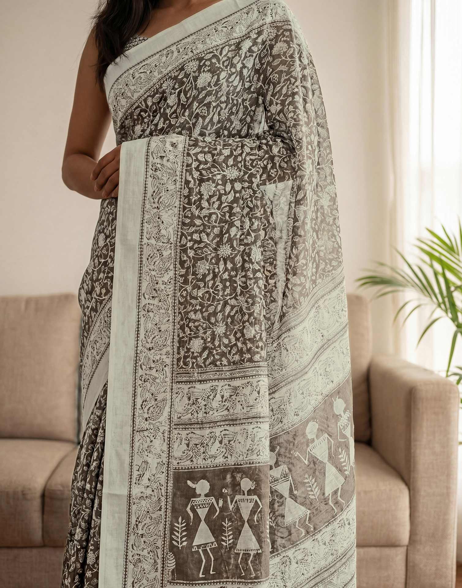 Brown Kota Silk Printed Saree - Image 7