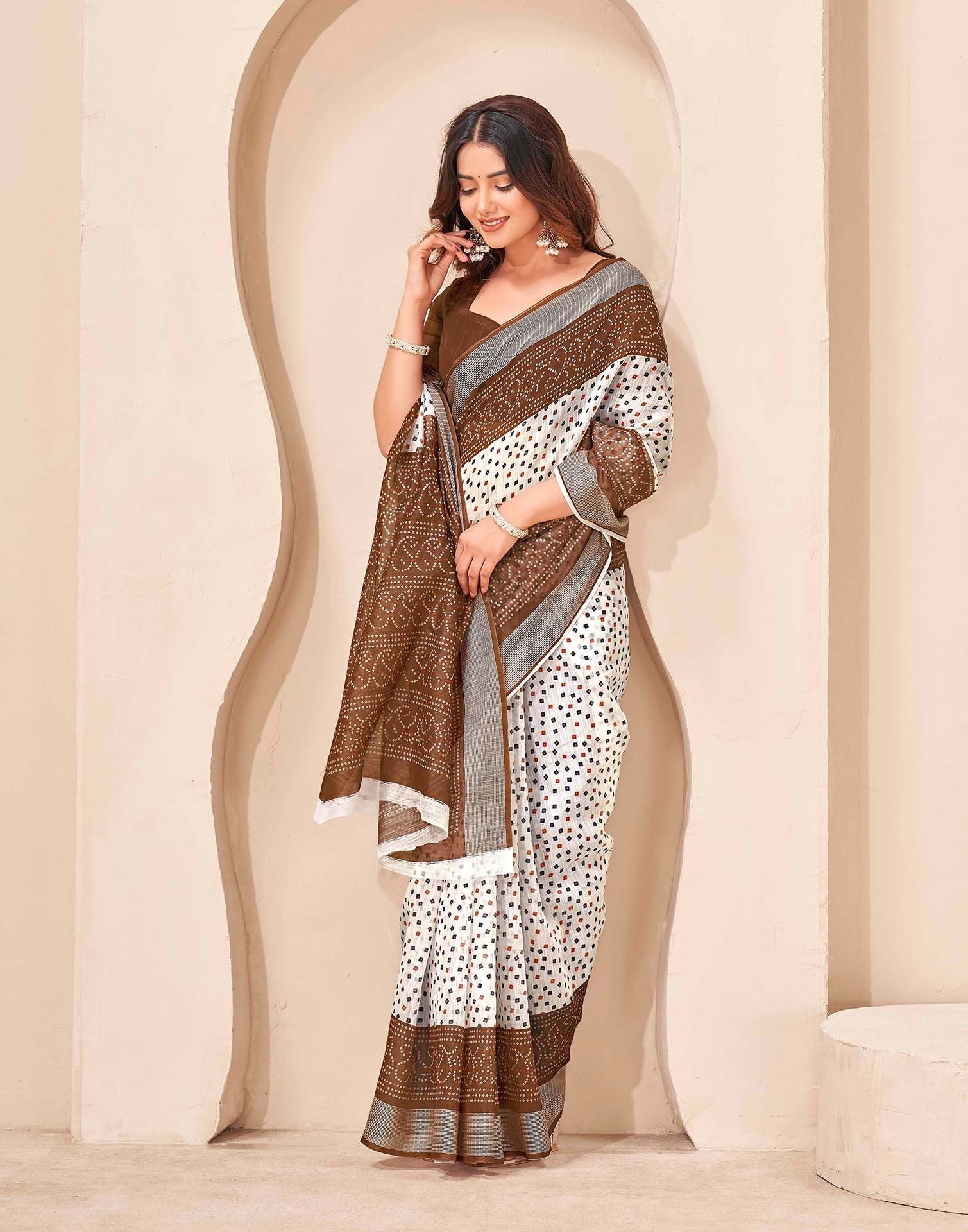 Brown Linen Bandhani Printed Saree - Image 5
