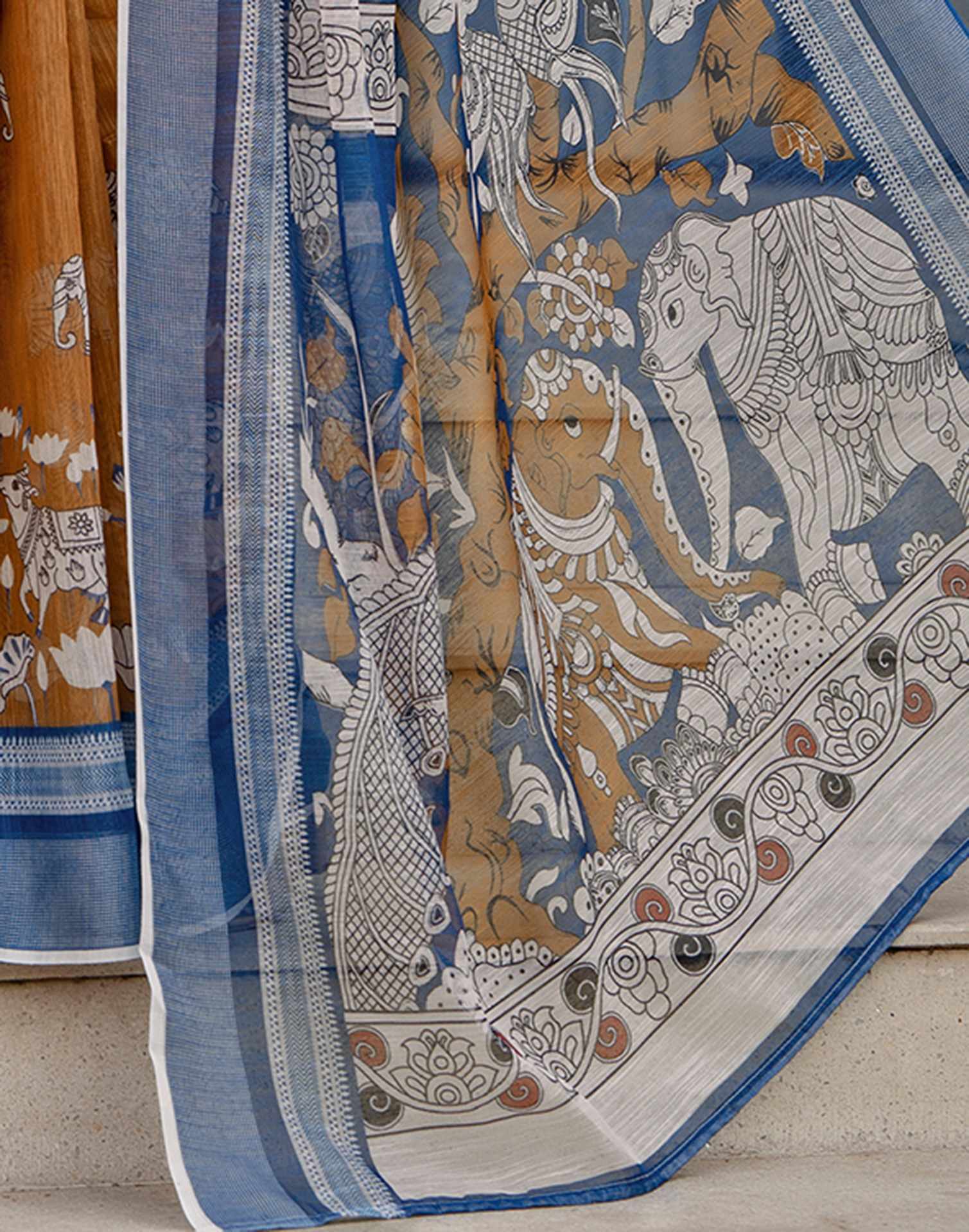 Brown Linen Kalamkari Printed Saree - Image 11