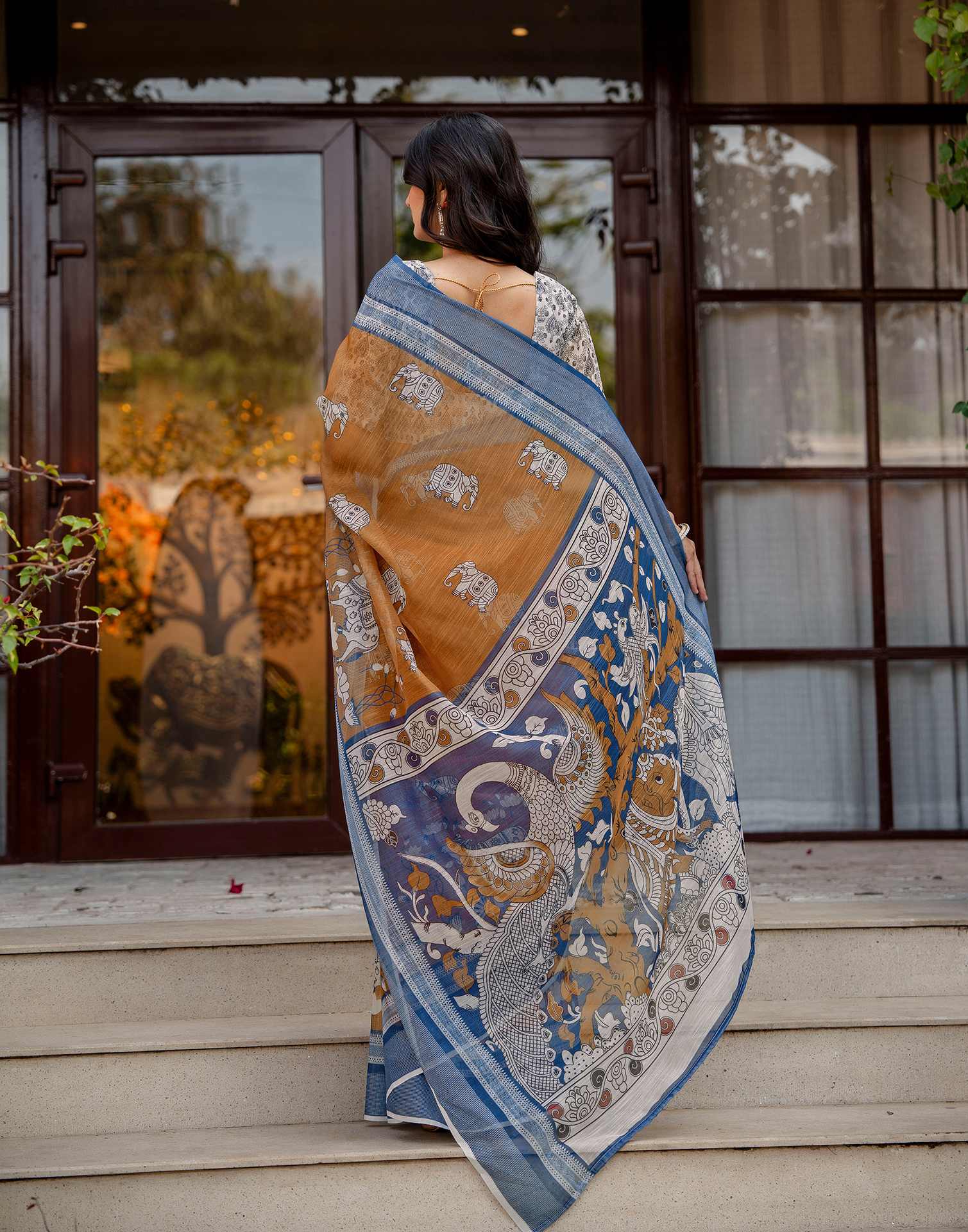 Brown Linen Kalamkari Printed Saree - Image 6