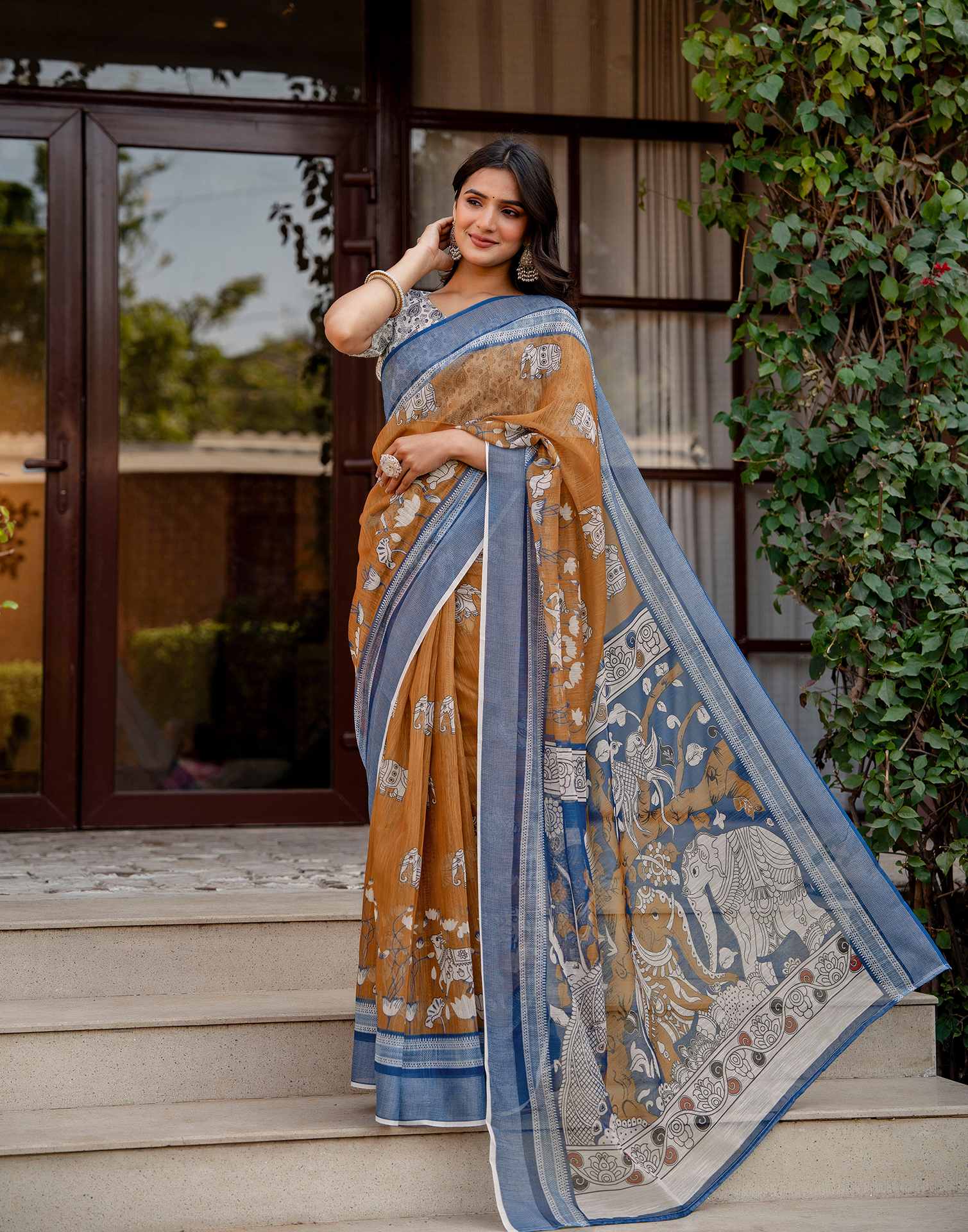Brown Linen Kalamkari Printed Saree - Image 7