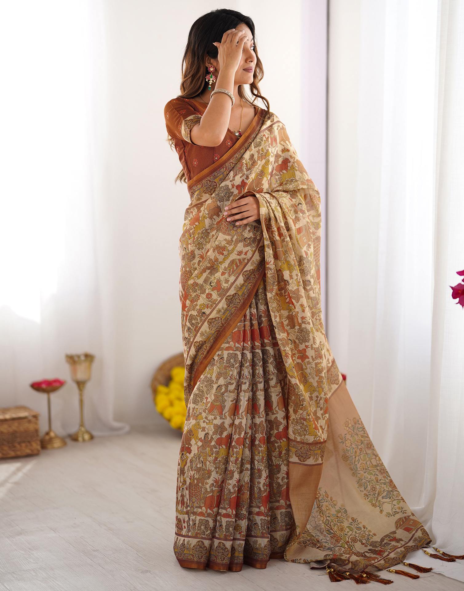 Brown Linen Kalamkari Saree - Image 4