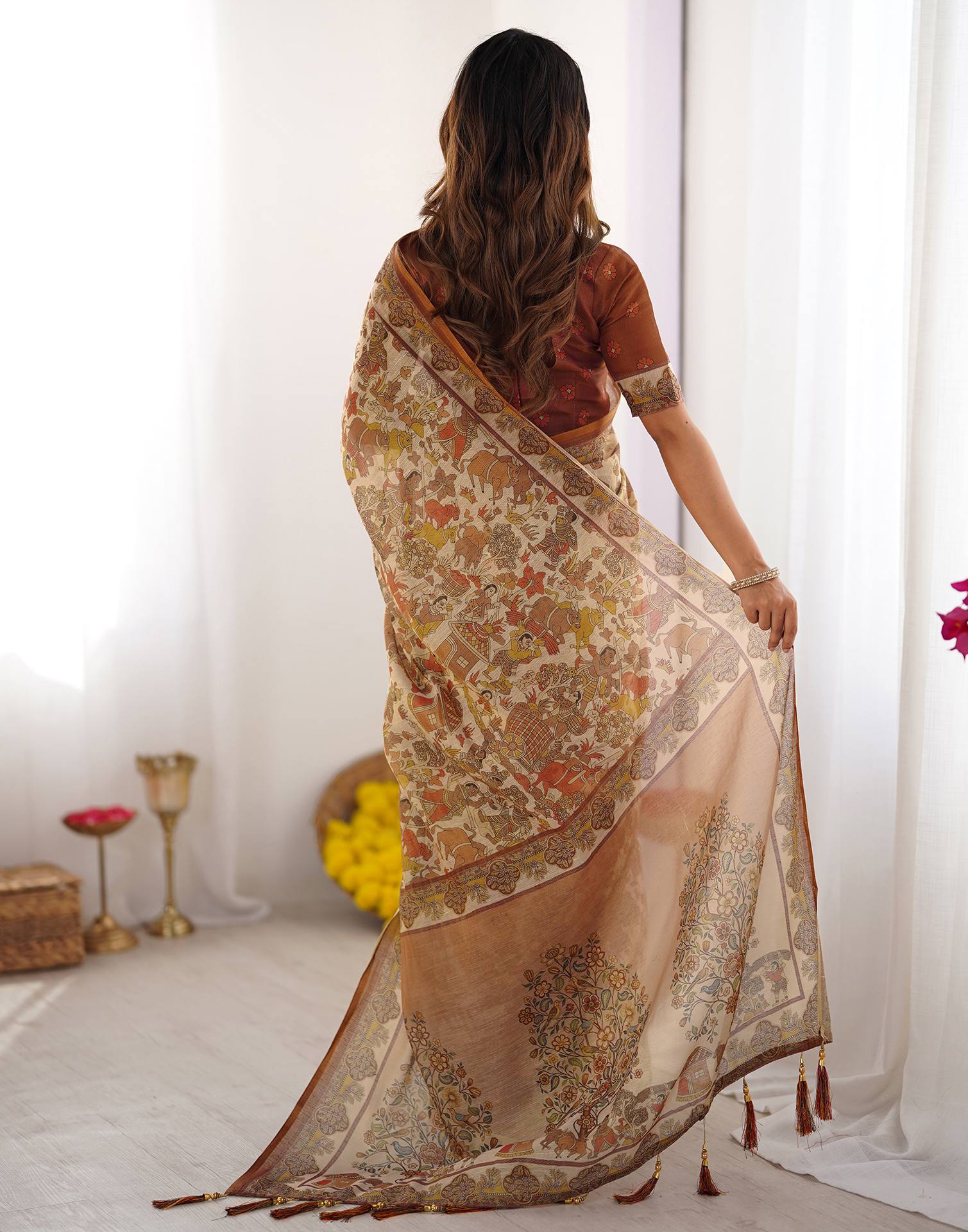 Brown Linen Kalamkari Saree - Image 5