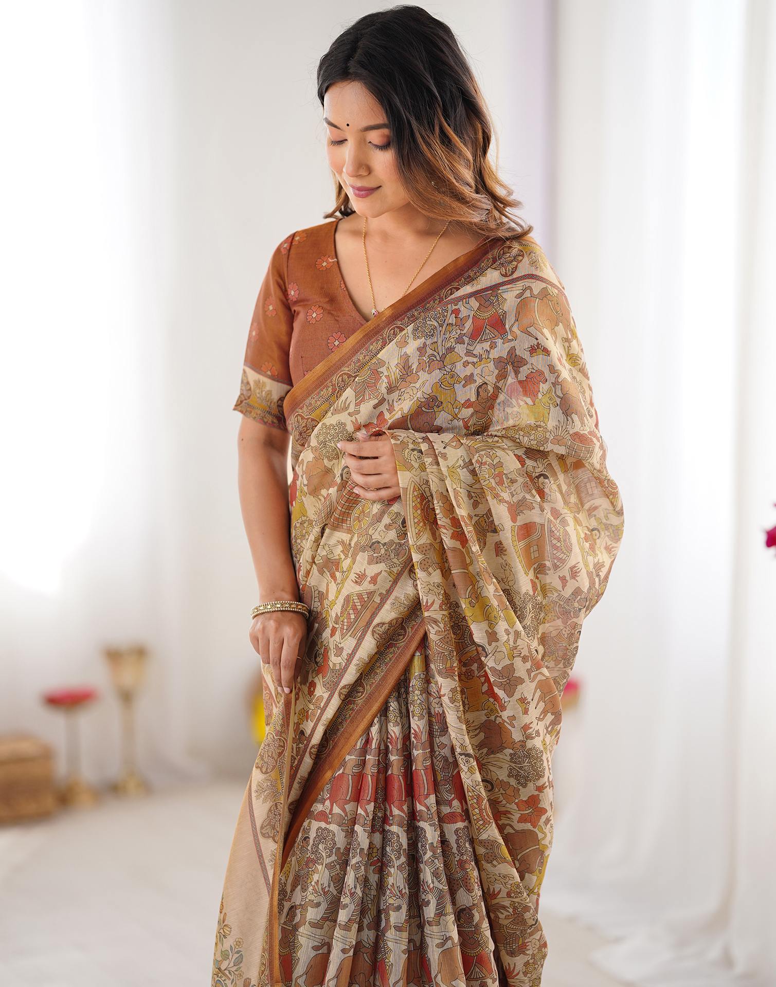 Brown Linen Kalamkari Saree - Image 6