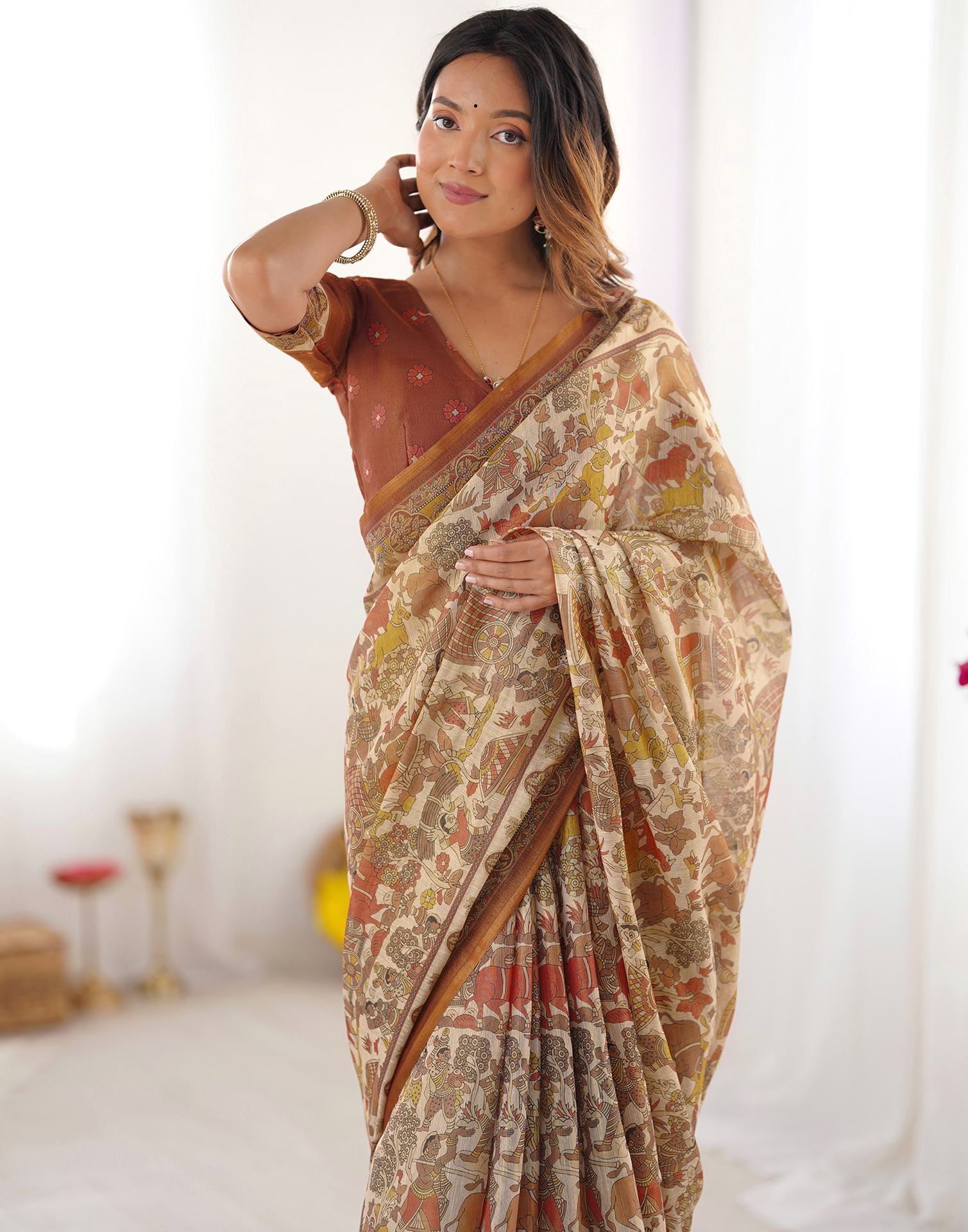 Brown Linen Kalamkari Saree - Image 7