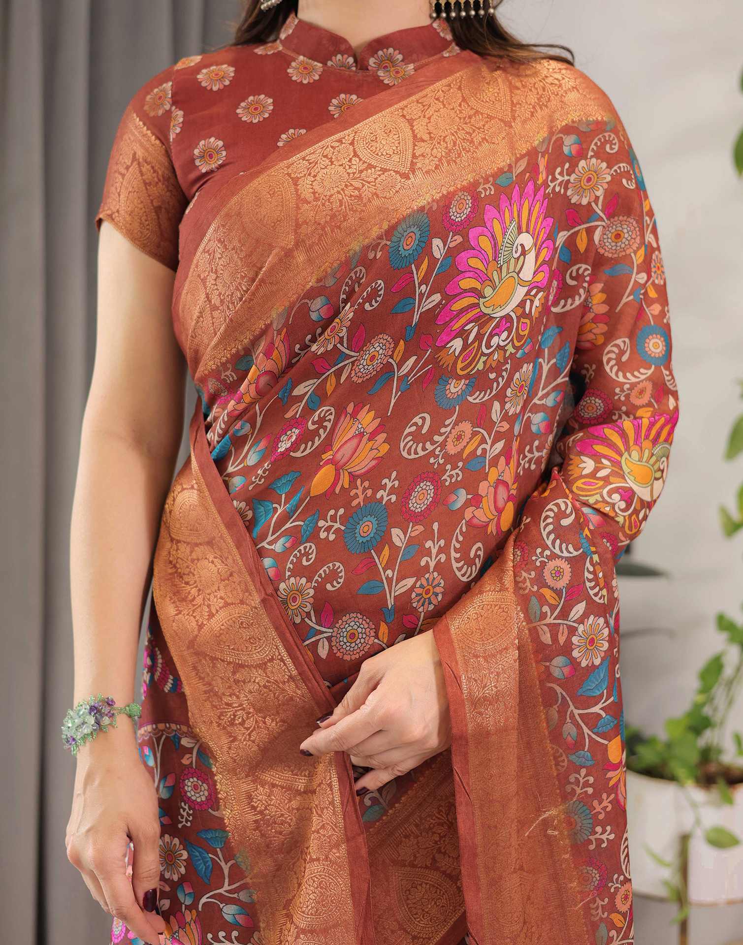 Brown Linen Printed Saree - Image 12