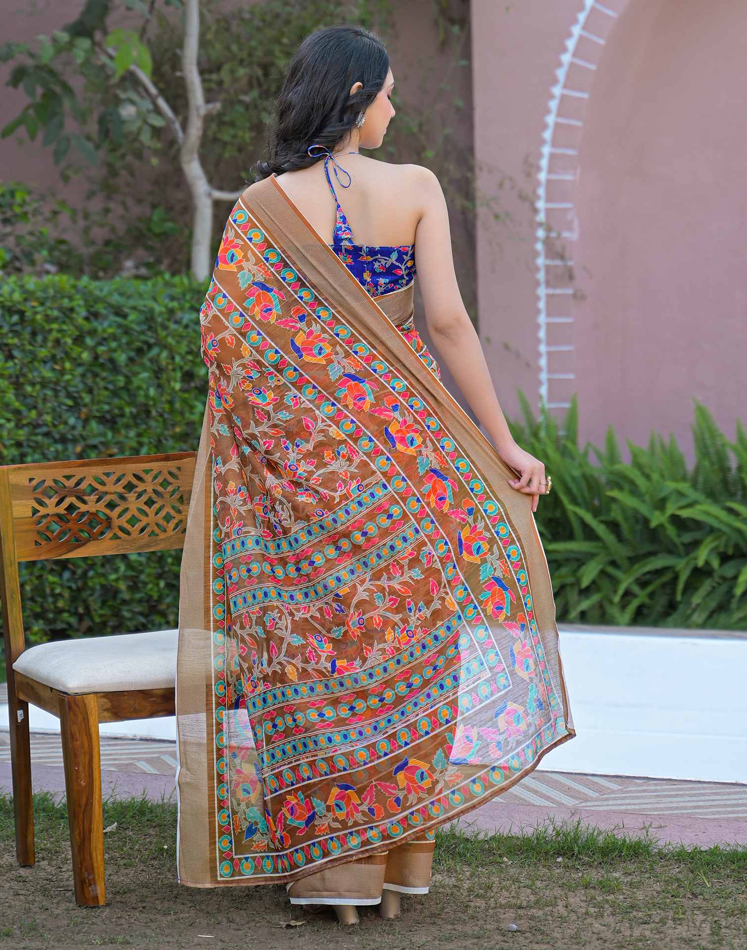Brown Linen Printed Saree - Image 6
