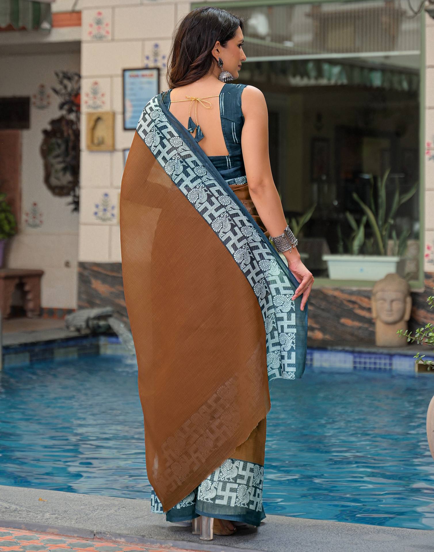 Brown Linen Printed Saree - Image 6