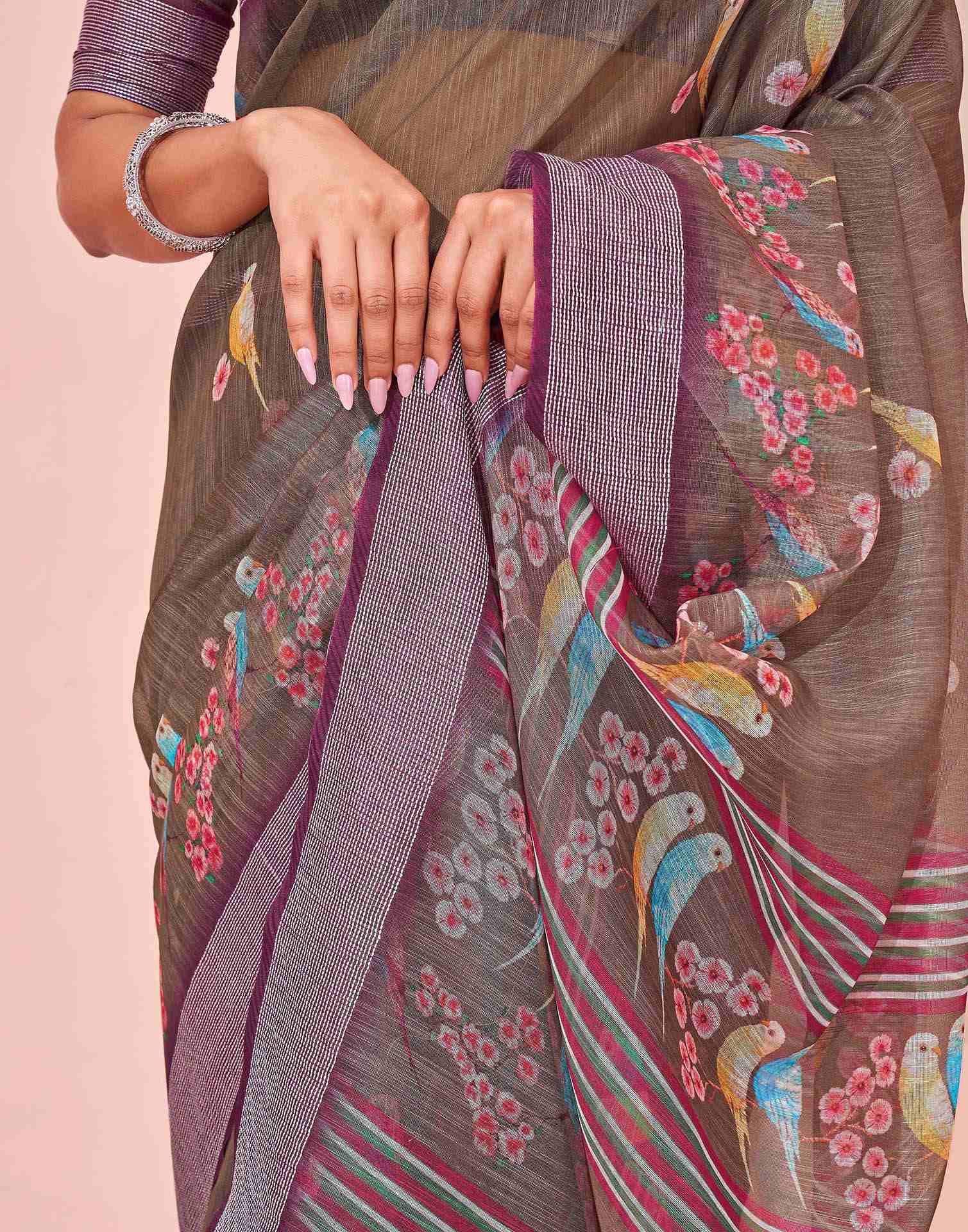 Brown Linen Printed Saree - Image 10