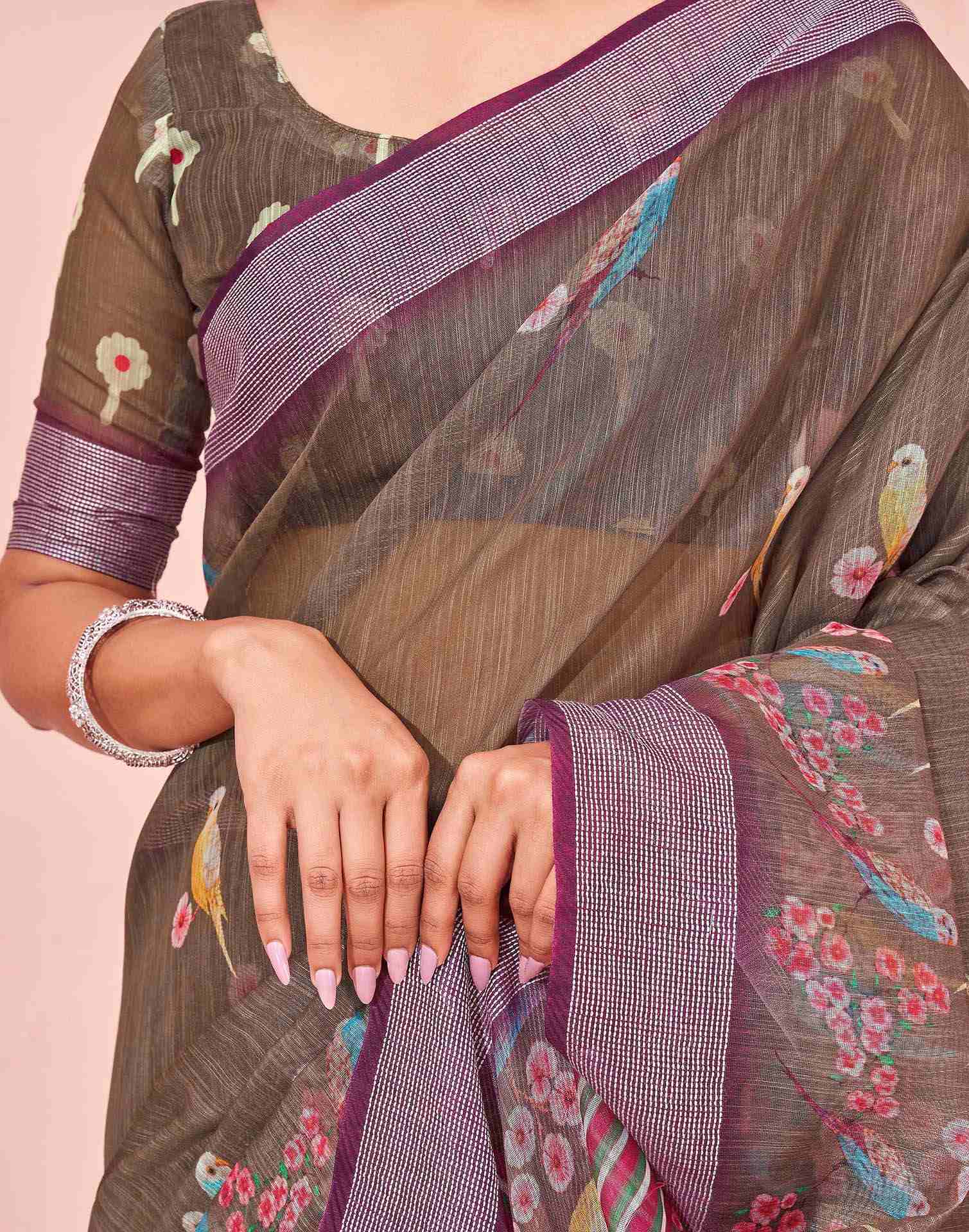 Brown Linen Printed Saree - Image 11