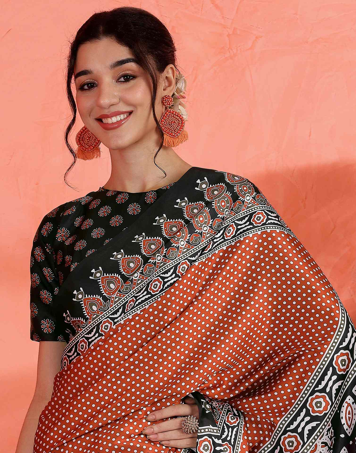 Brown Satin Printed Saree - Image 4