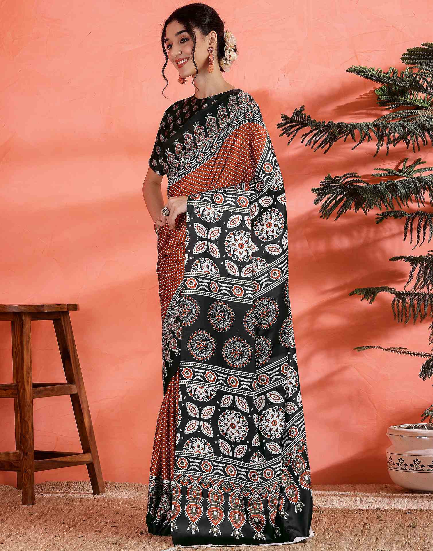 Brown Satin Printed Saree - Image 5