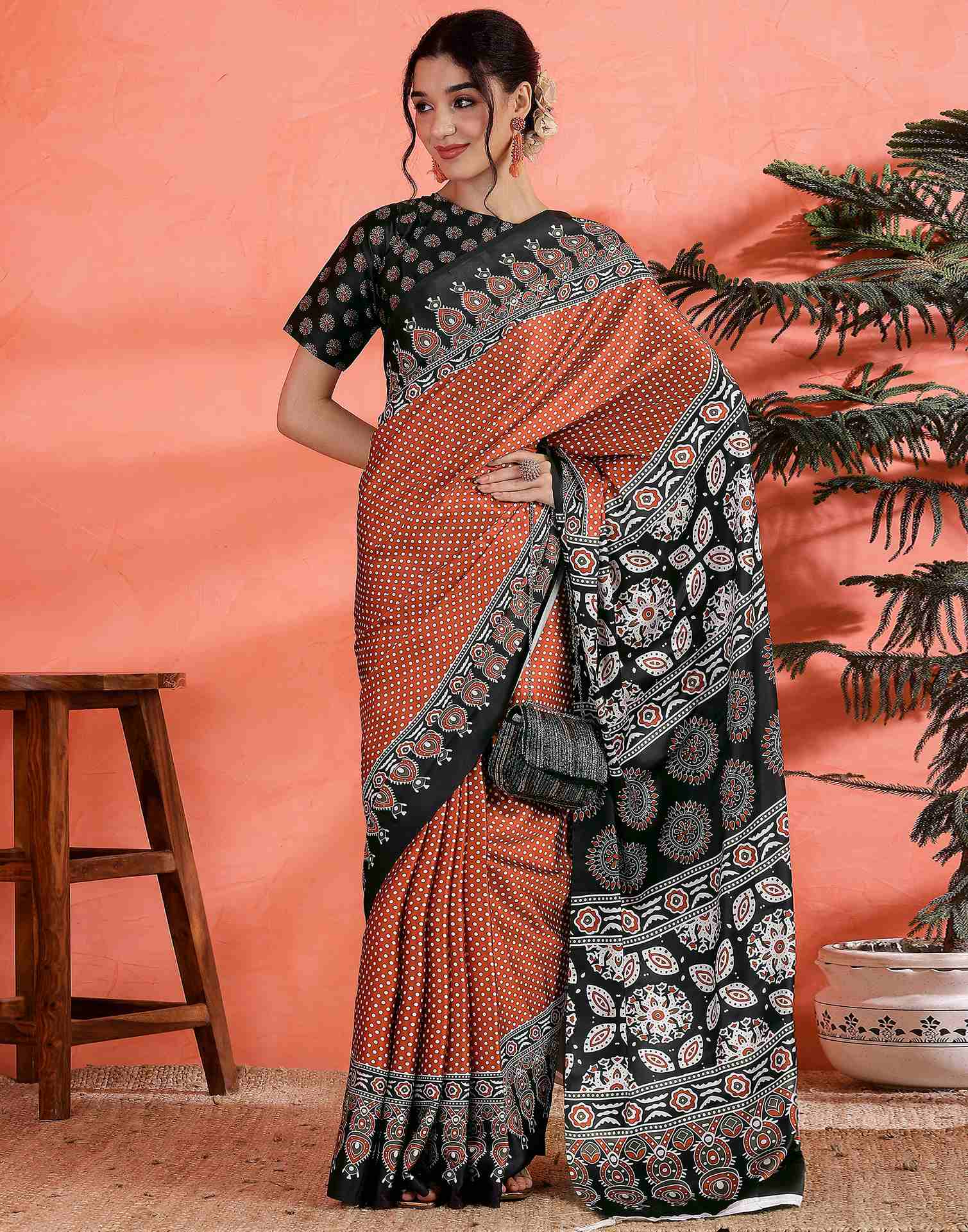 Brown Satin Printed Saree - Image 6