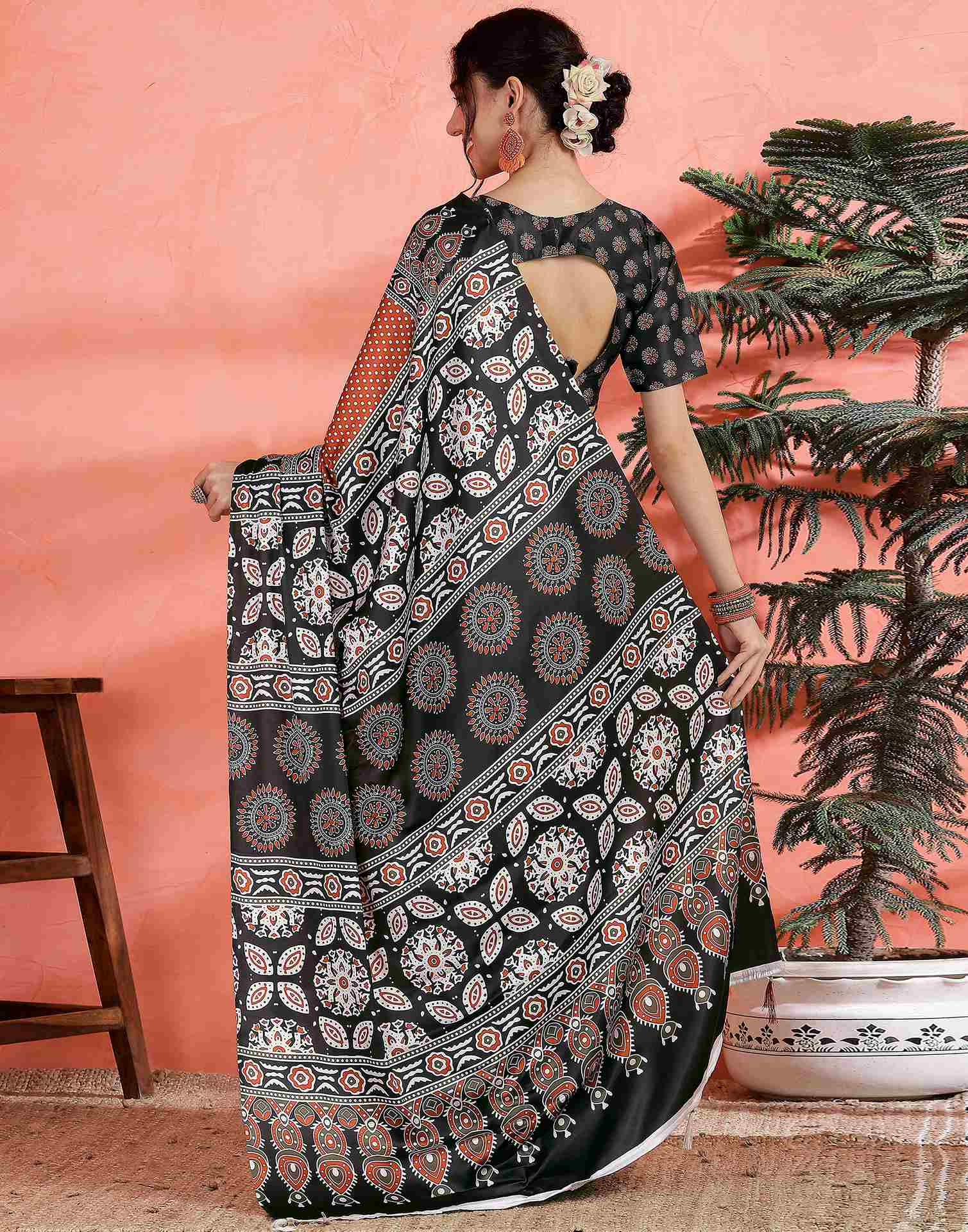 Brown Satin Printed Saree - Image 7
