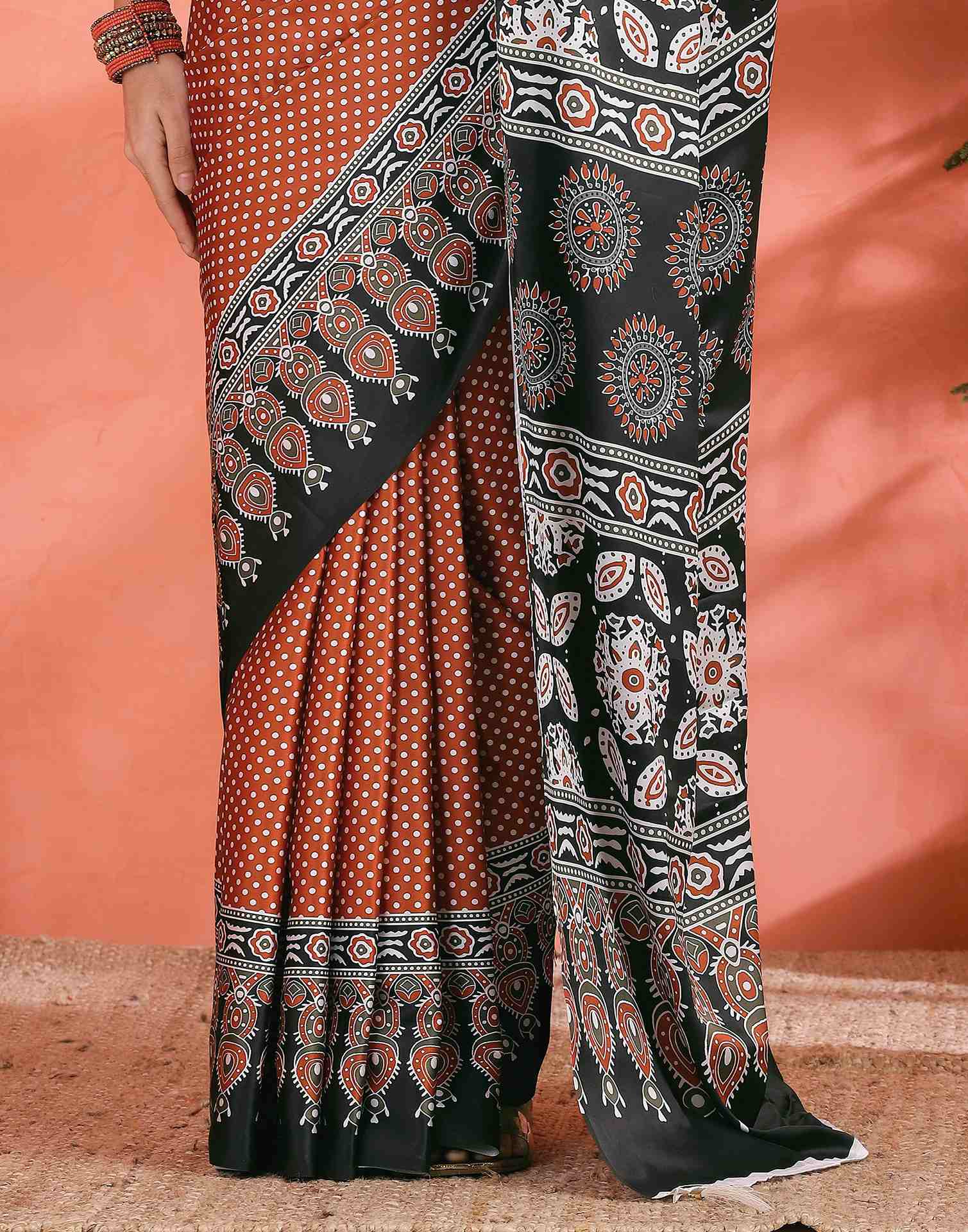 Brown Satin Printed Saree - Image 9