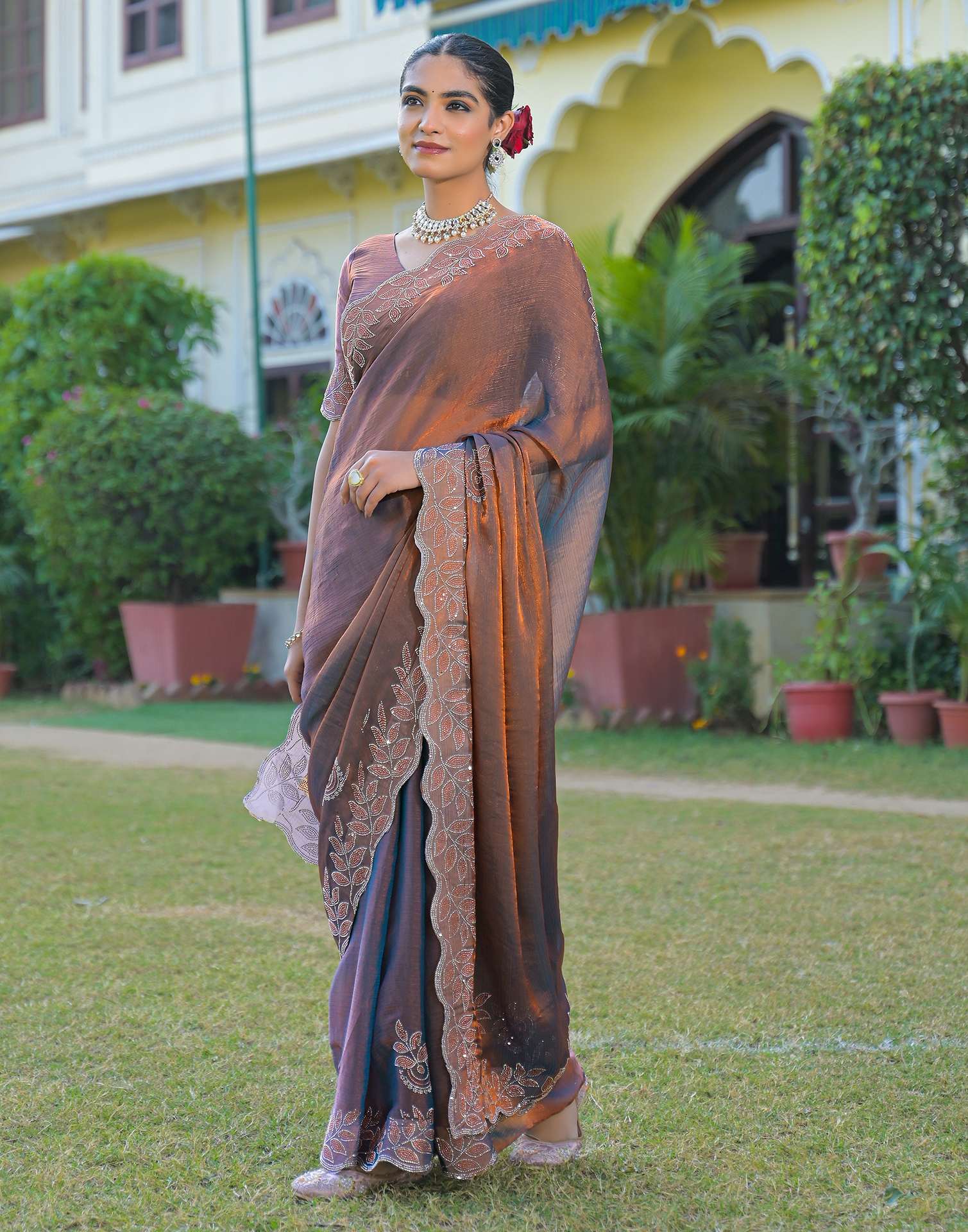 Brown Shimmer Chiffon Stone Work Swarovski saree - Image 5